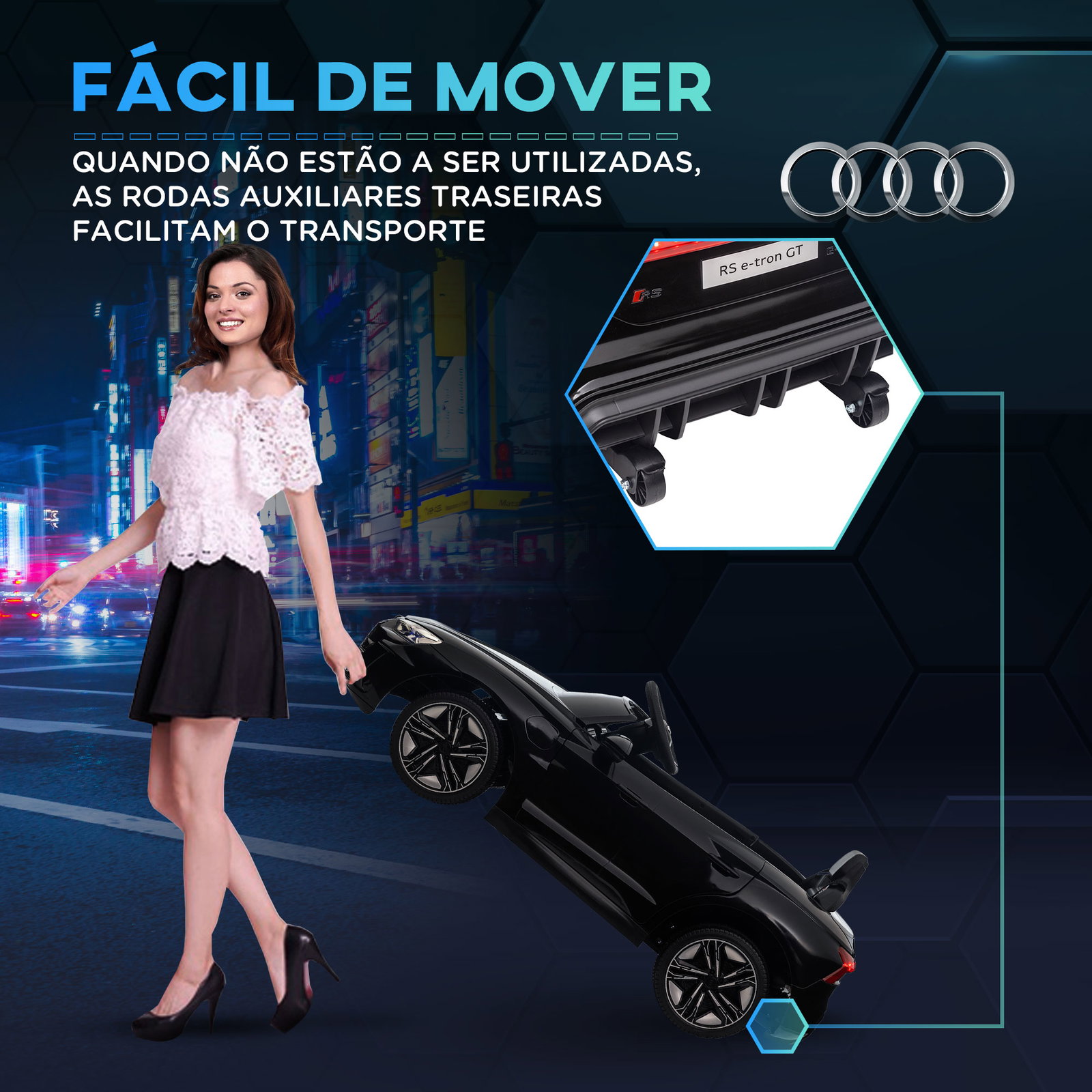 Carro elétrico audi rs e-tron gt 12v com 2 motores faróis LED buzina música USB 3-5km/h 103x58x41cm preto