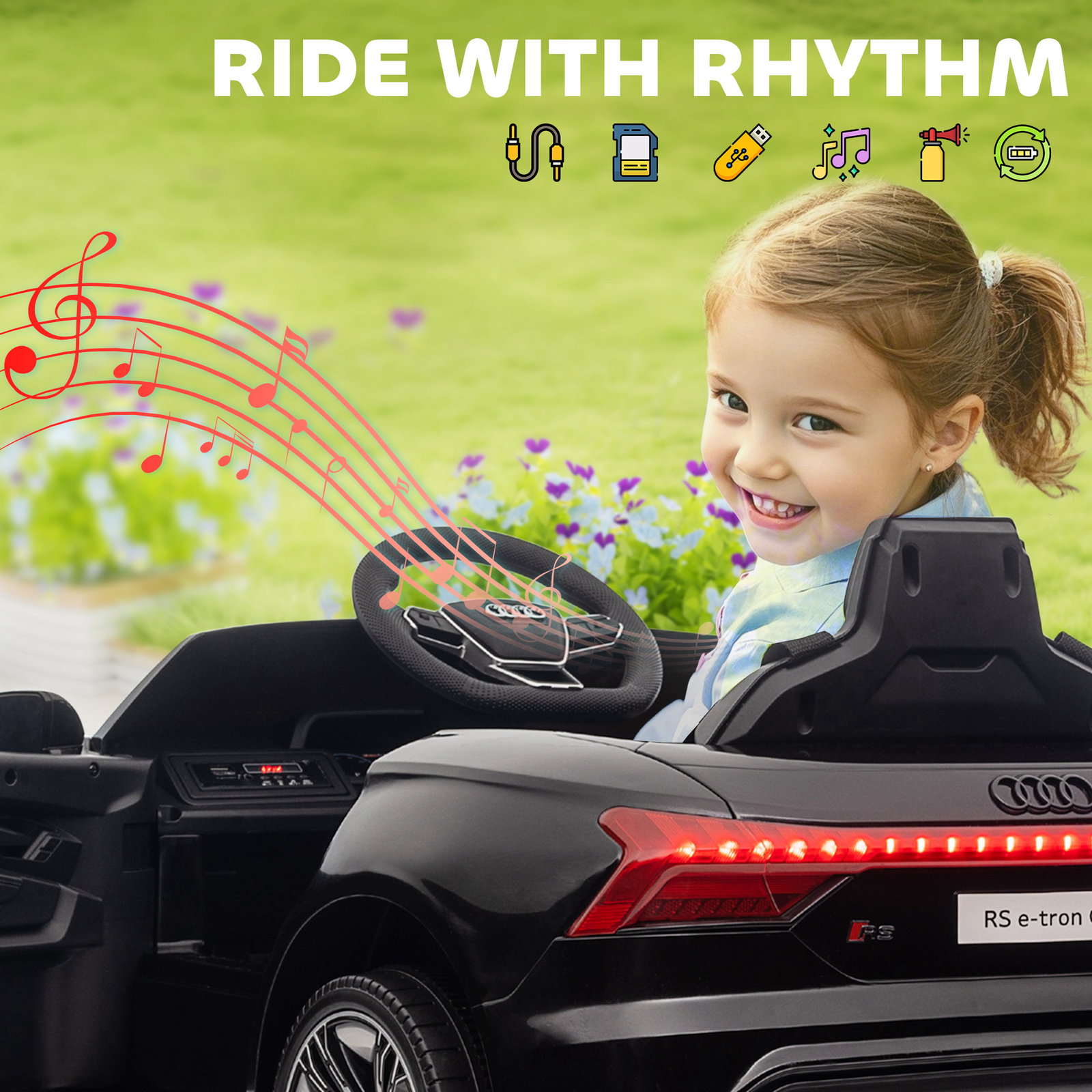 Carro elétrico audi rs e-tron gt 12v com 2 motores faróis LED buzina música USB 3-5km/h 103x58x41cm preto