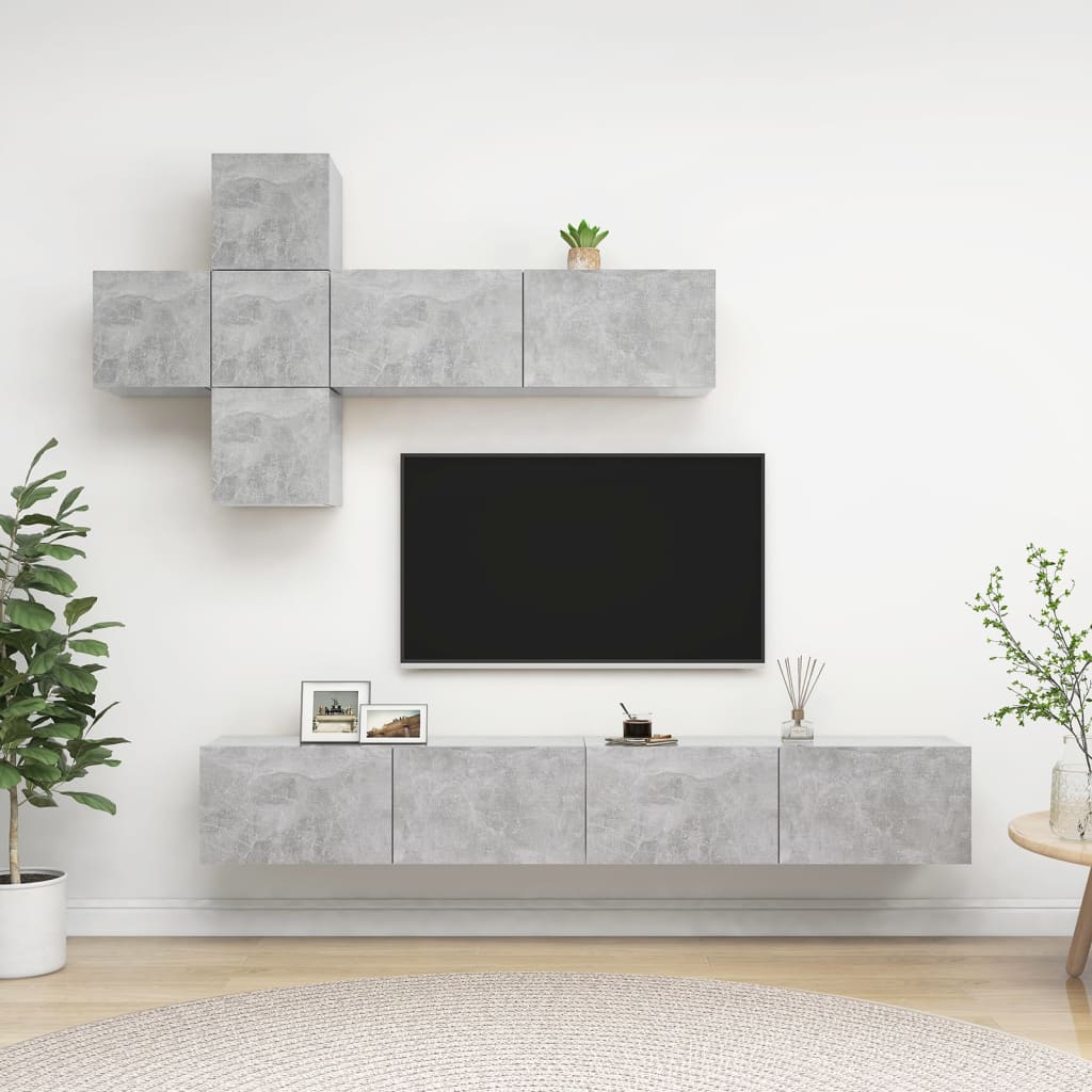 7 Pcs conjunto de móveis de TV contraplacado cinzento cimento