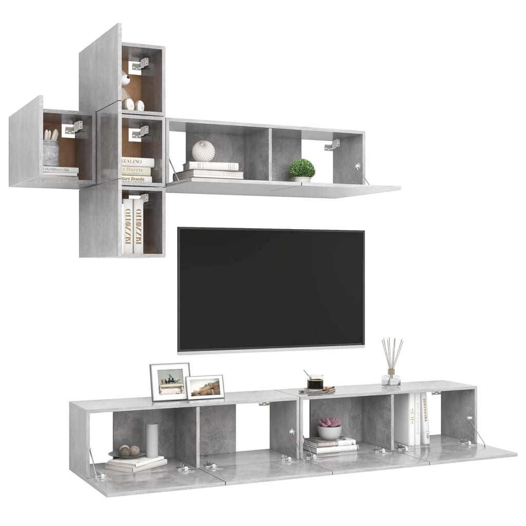 7 Pcs conjunto de móveis de TV contraplacado cinzento cimento
