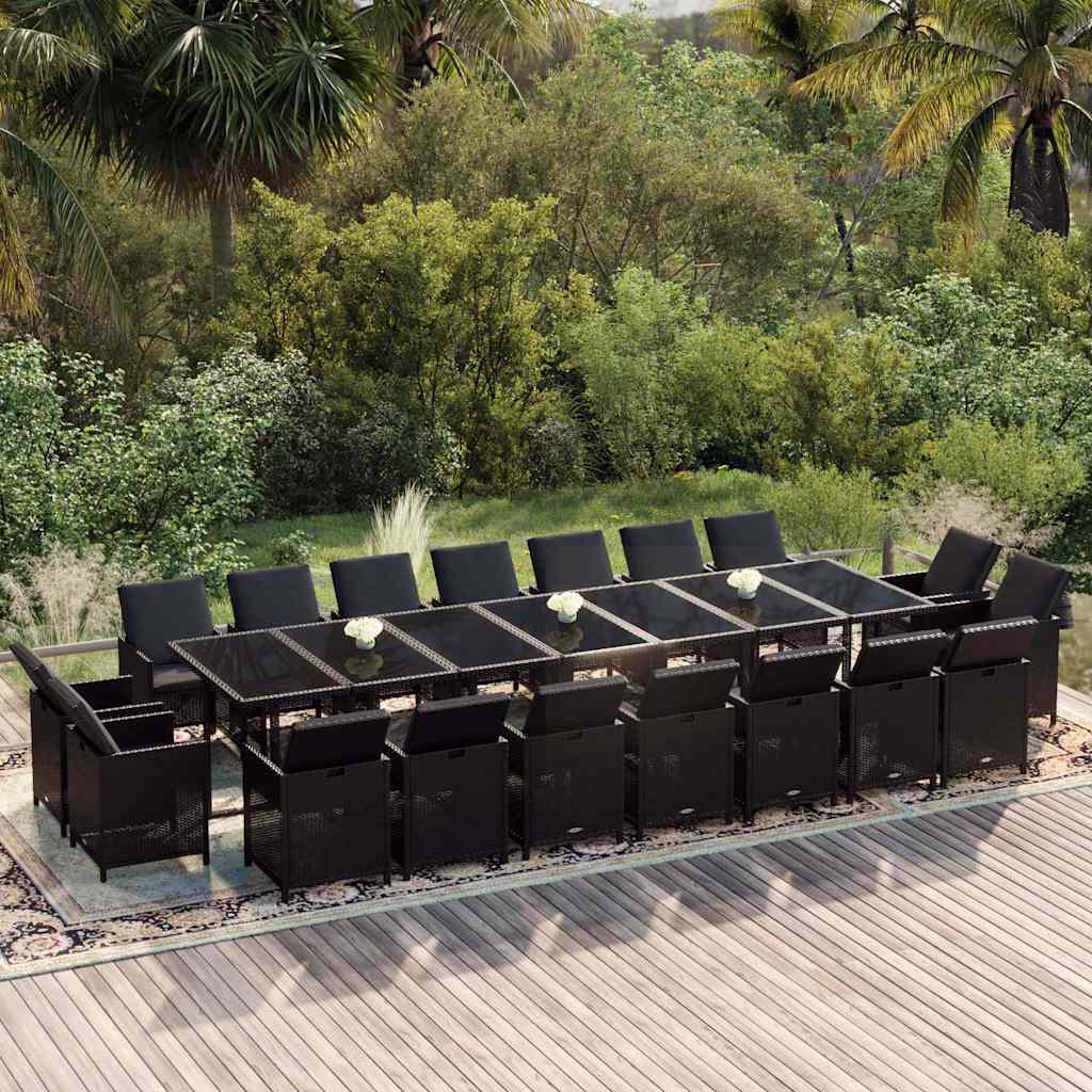 19 Pcs conjunto jantar p/ jardim c/ almofadões vime PE preto