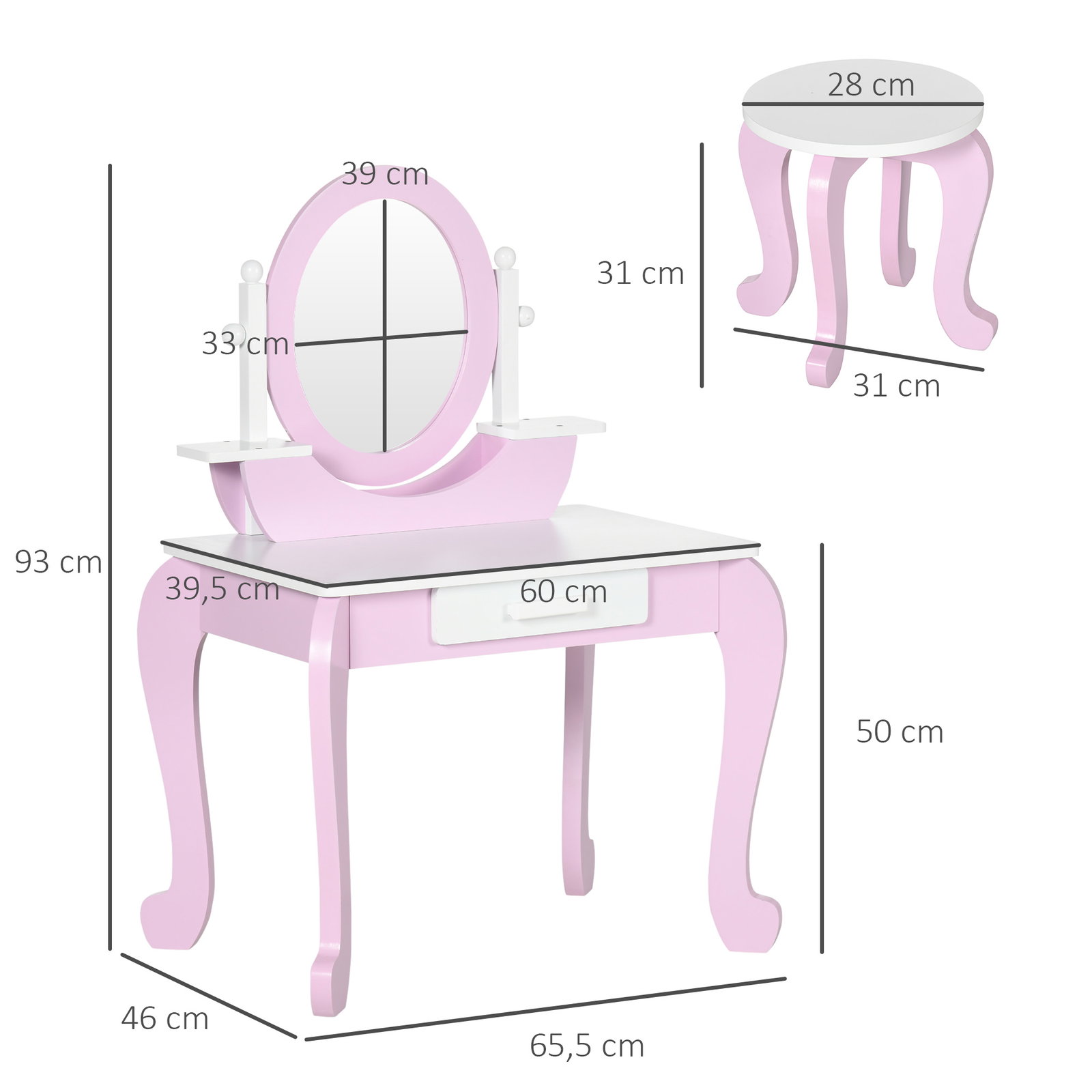 Toucador infantil com banco espelho e gaveta mesa de maquilhagem para crianças entre 3-6 anos 65,5x46x93cm rosa