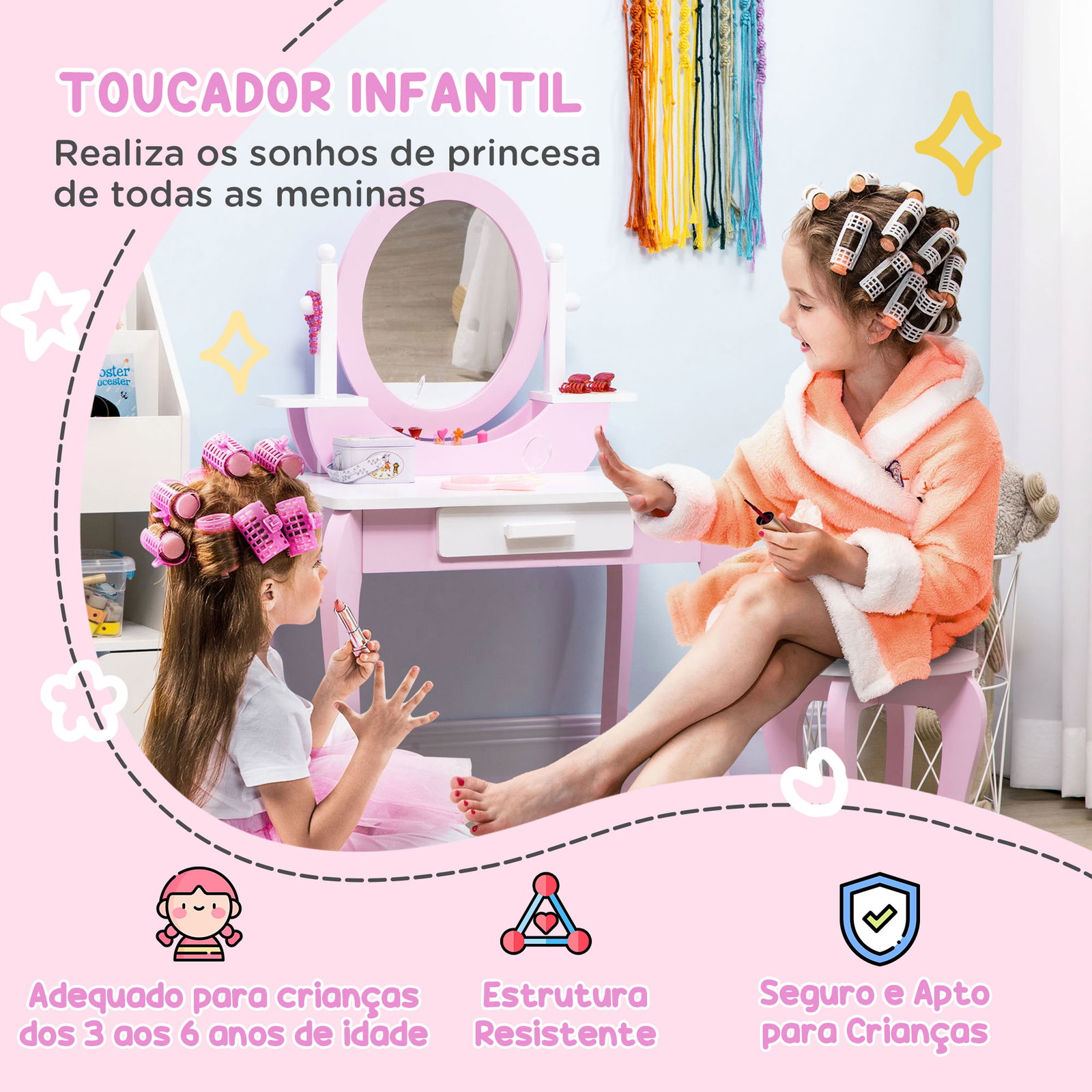 Toucador infantil com banco espelho e gaveta mesa de maquilhagem para crianças entre 3-6 anos 65,5x46x93cm rosa