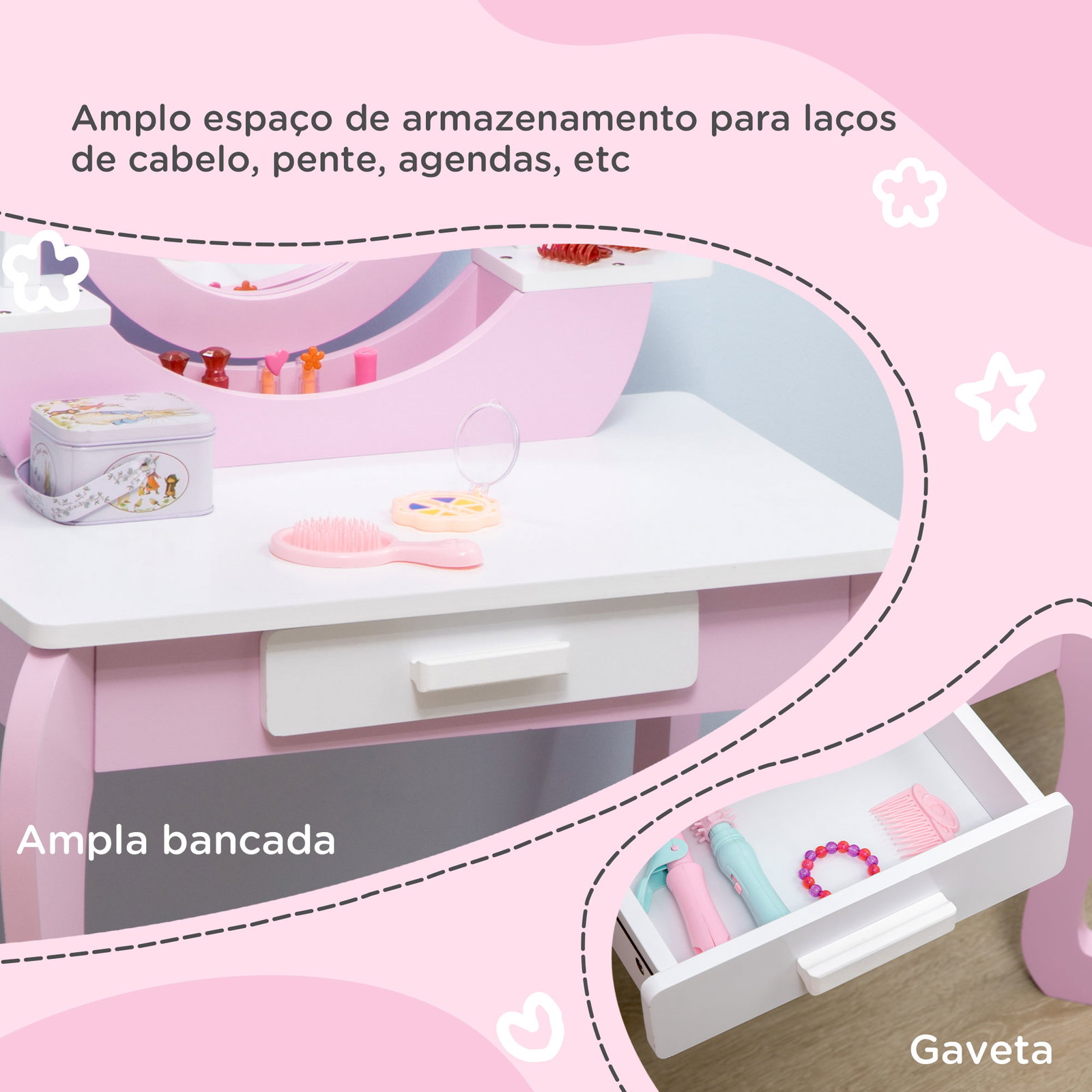 Toucador infantil com banco espelho e gaveta mesa de maquilhagem para crianças entre 3-6 anos 65,5x46x93cm rosa