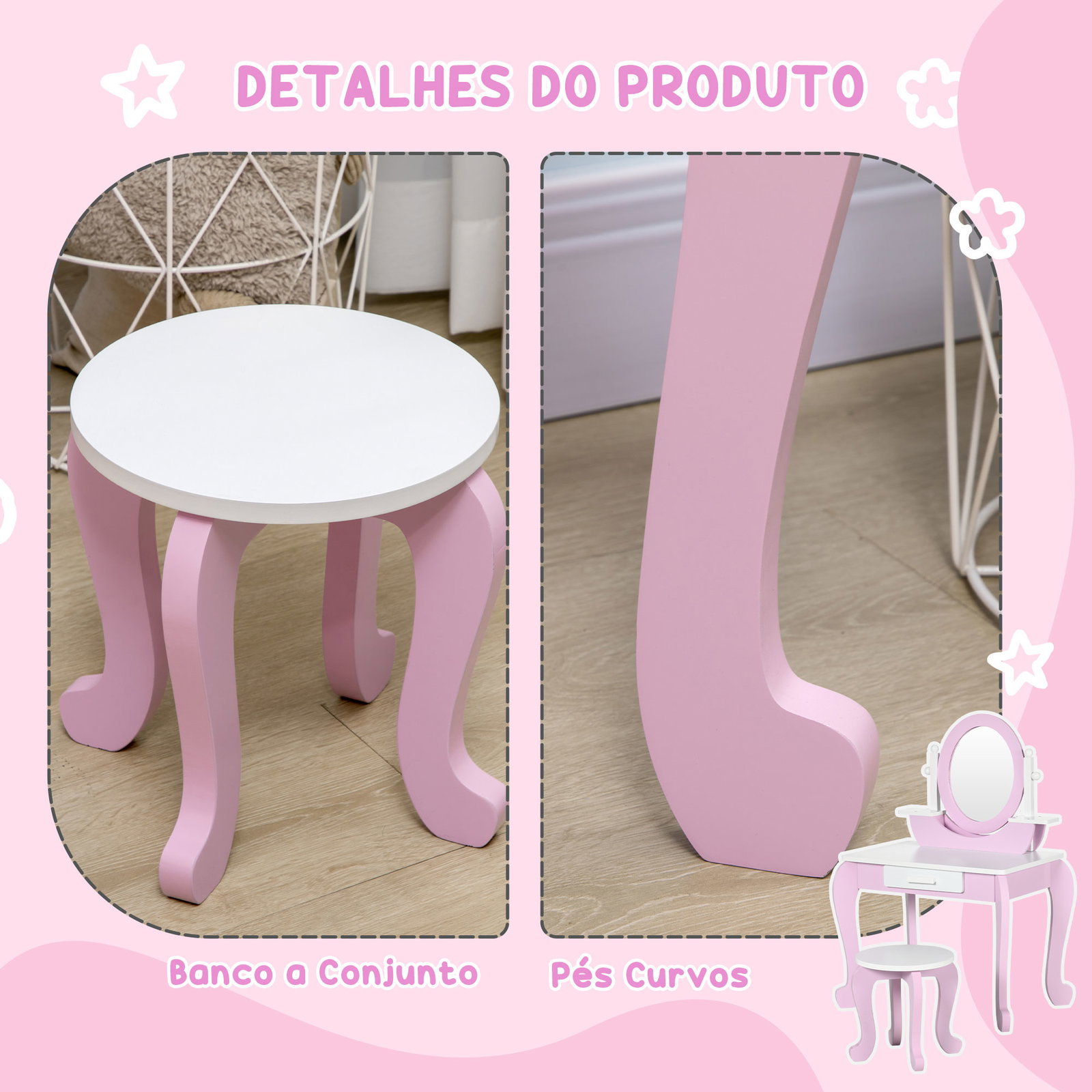 Toucador infantil com banco espelho e gaveta mesa de maquilhagem para crianças entre 3-6 anos 65,5x46x93cm rosa