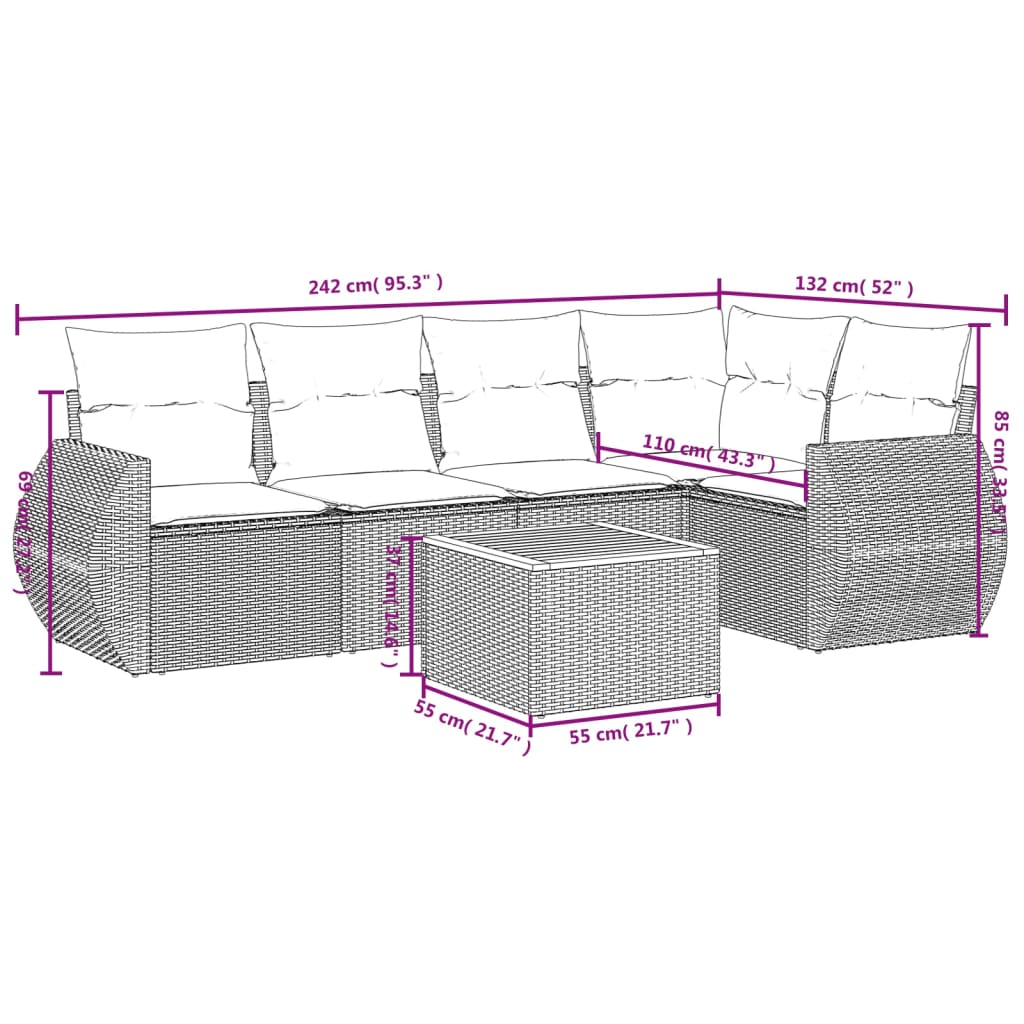 6 Pcs conjunto sofás de jardim c/ almofadões vime PE preto