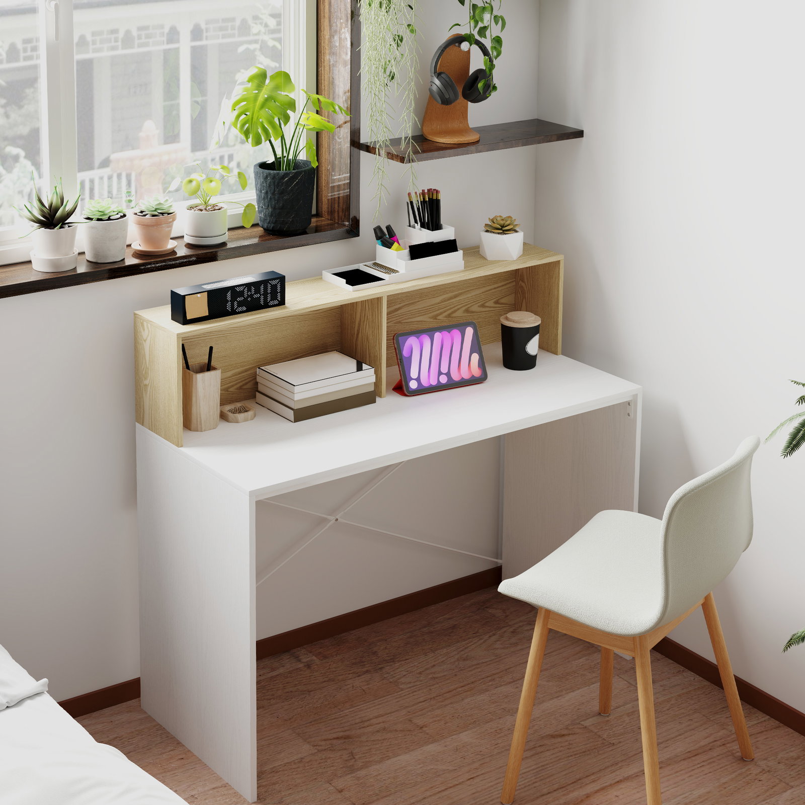 Secretária 110x50x102,6 cm mesa de escritório com 2 compartimentos abertos e prateleira branco e madeira