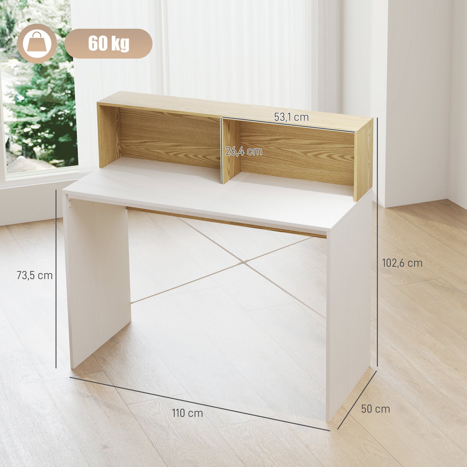 Secretária 110x50x102,6 cm mesa de escritório com 2 compartimentos abertos e prateleira branco e madeira