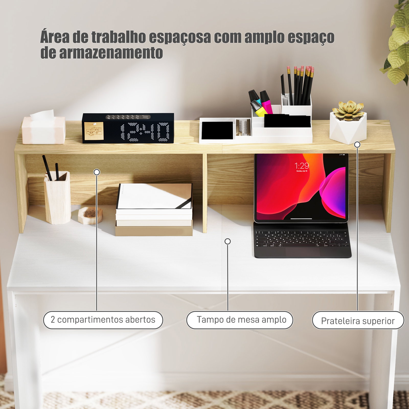 Secretária 110x50x102,6 cm mesa de escritório com 2 compartimentos abertos e prateleira branco e madeira
