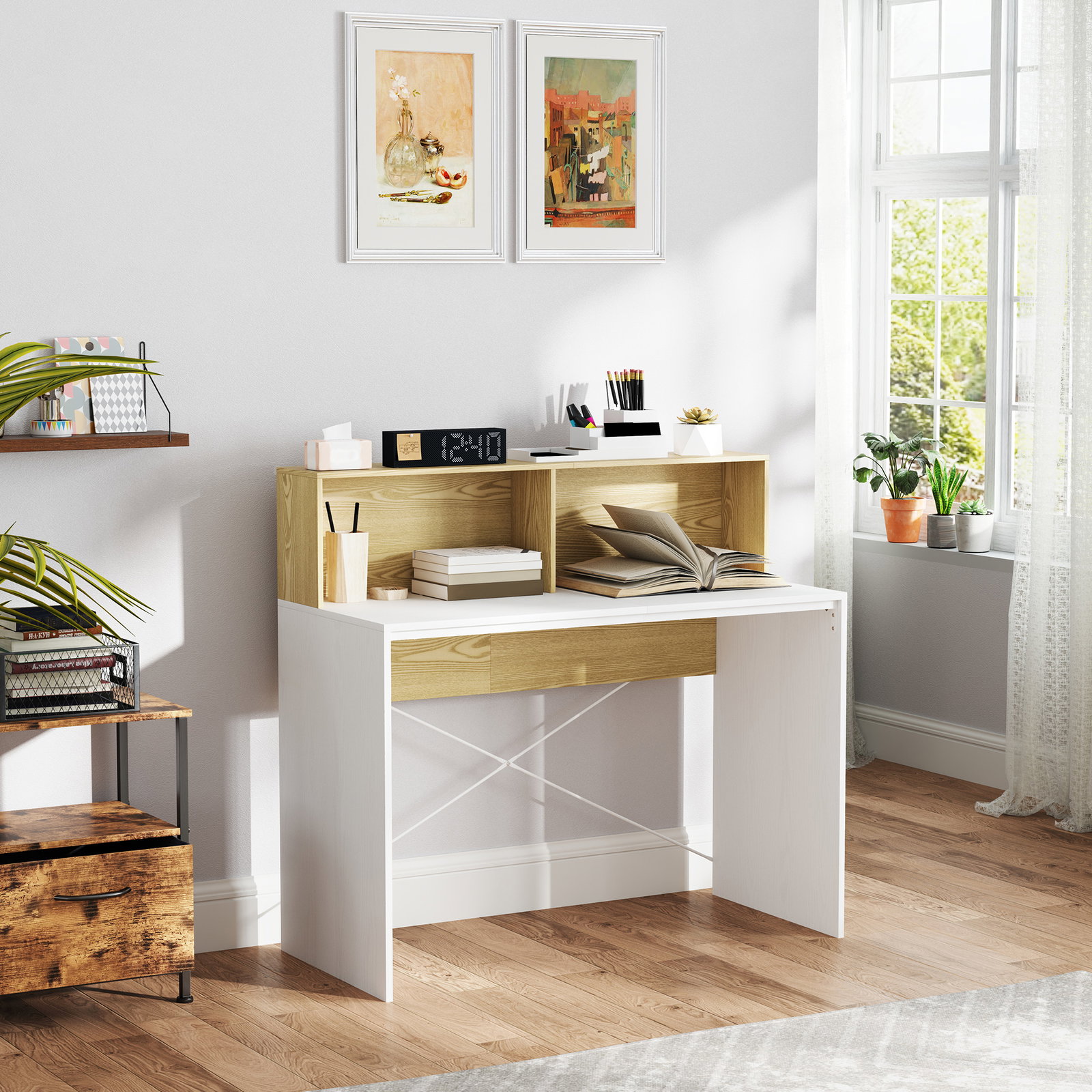 Secretária 110x50x102,6 cm mesa de escritório com 2 compartimentos abertos e prateleira branco e madeira