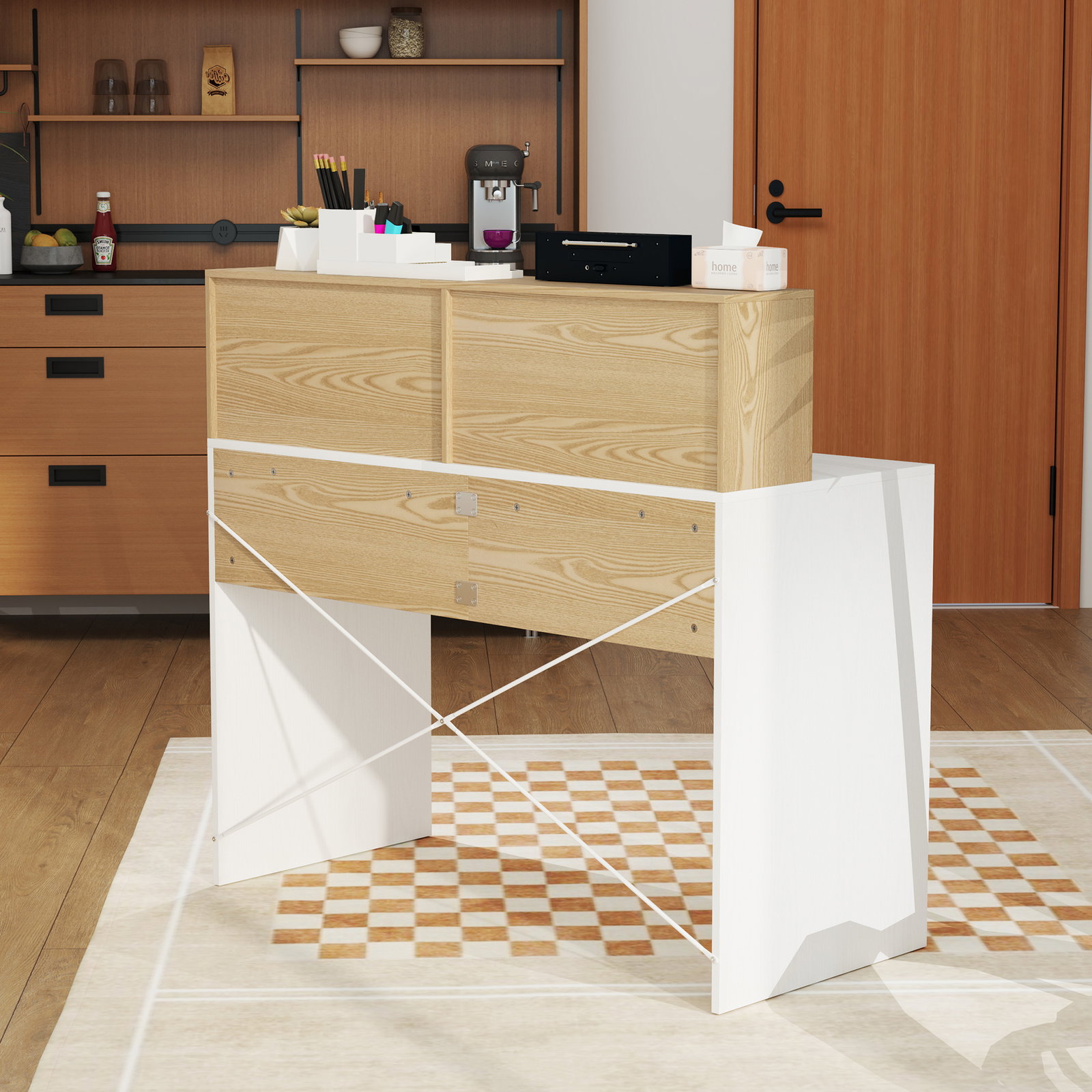 Secretária 110x50x102,6 cm mesa de escritório com 2 compartimentos abertos e prateleira branco e madeira