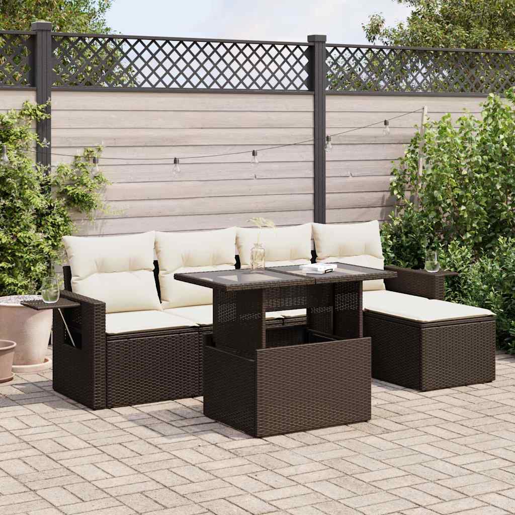6 Pcs conjunto de sofás jardim c/ almofadões vime PE castanho