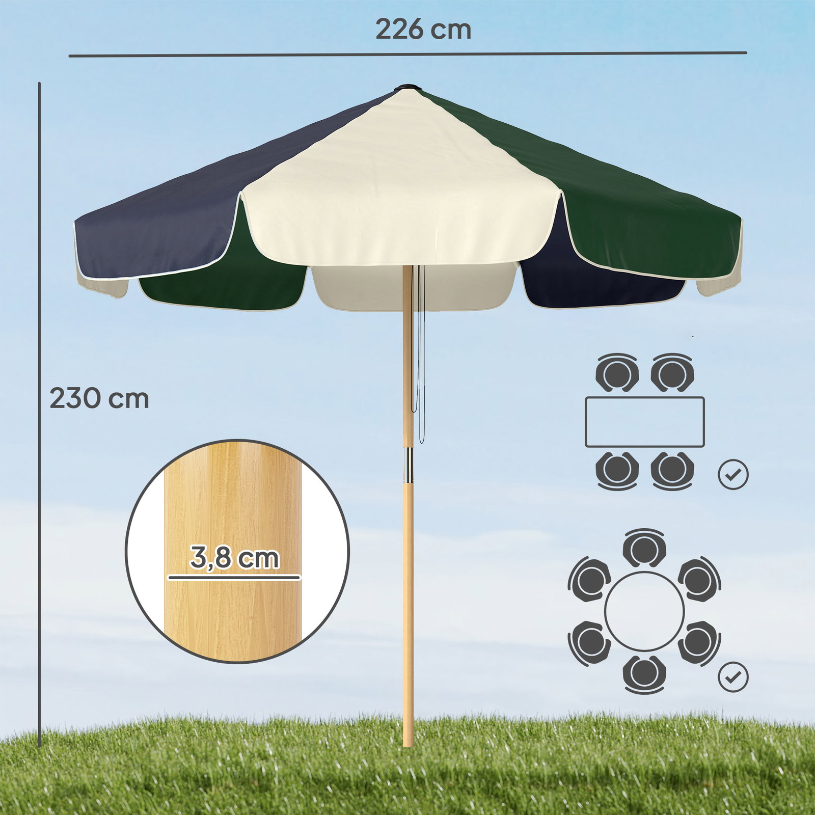 Chapéu de sol para terraço exterior ø2,3 m com estrutura de efeito madeira polia com corda toldo bicolor upf30+ multicor