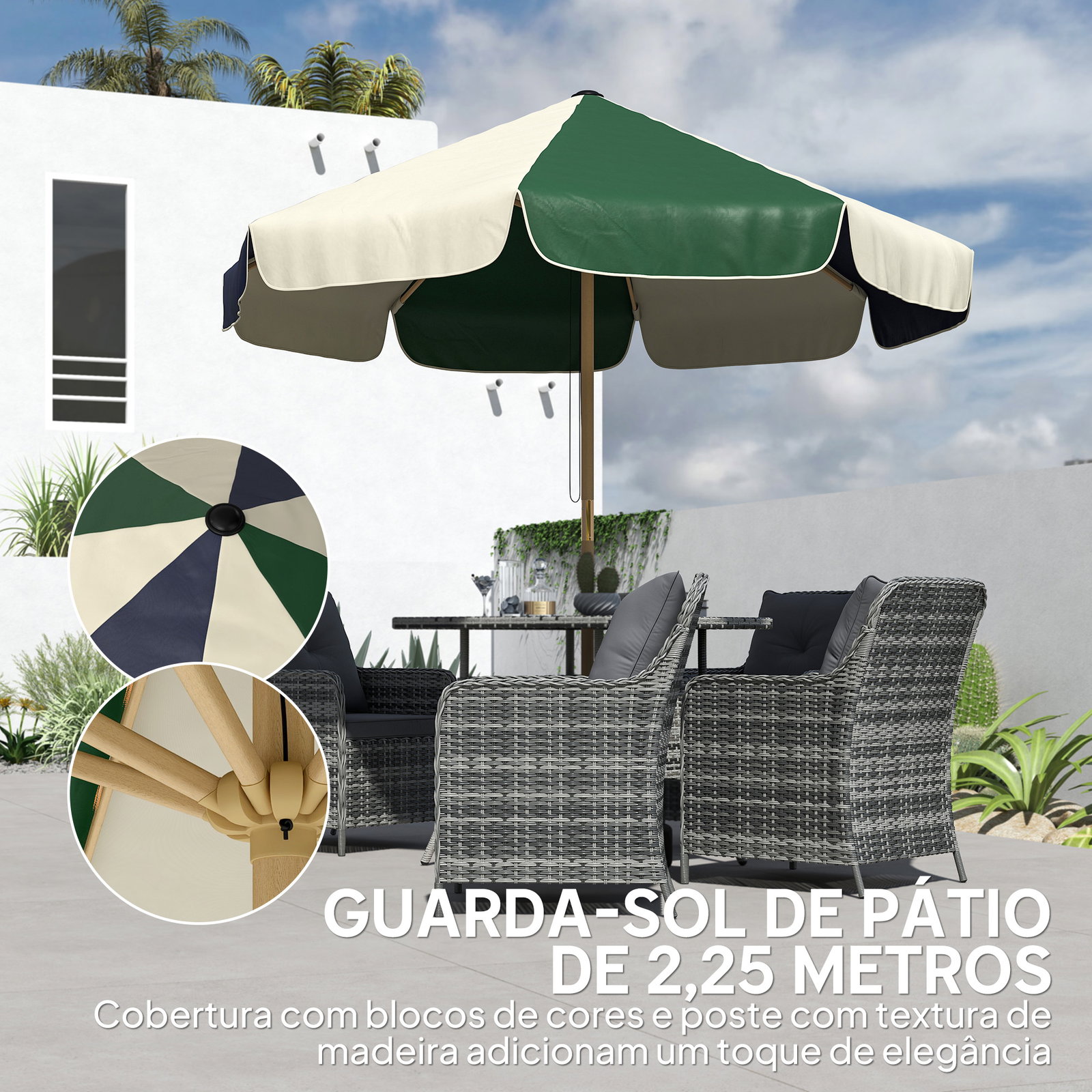 Chapéu de sol para terraço exterior ø2,3 m com estrutura de efeito madeira polia com corda toldo bicolor upf30+ multicor