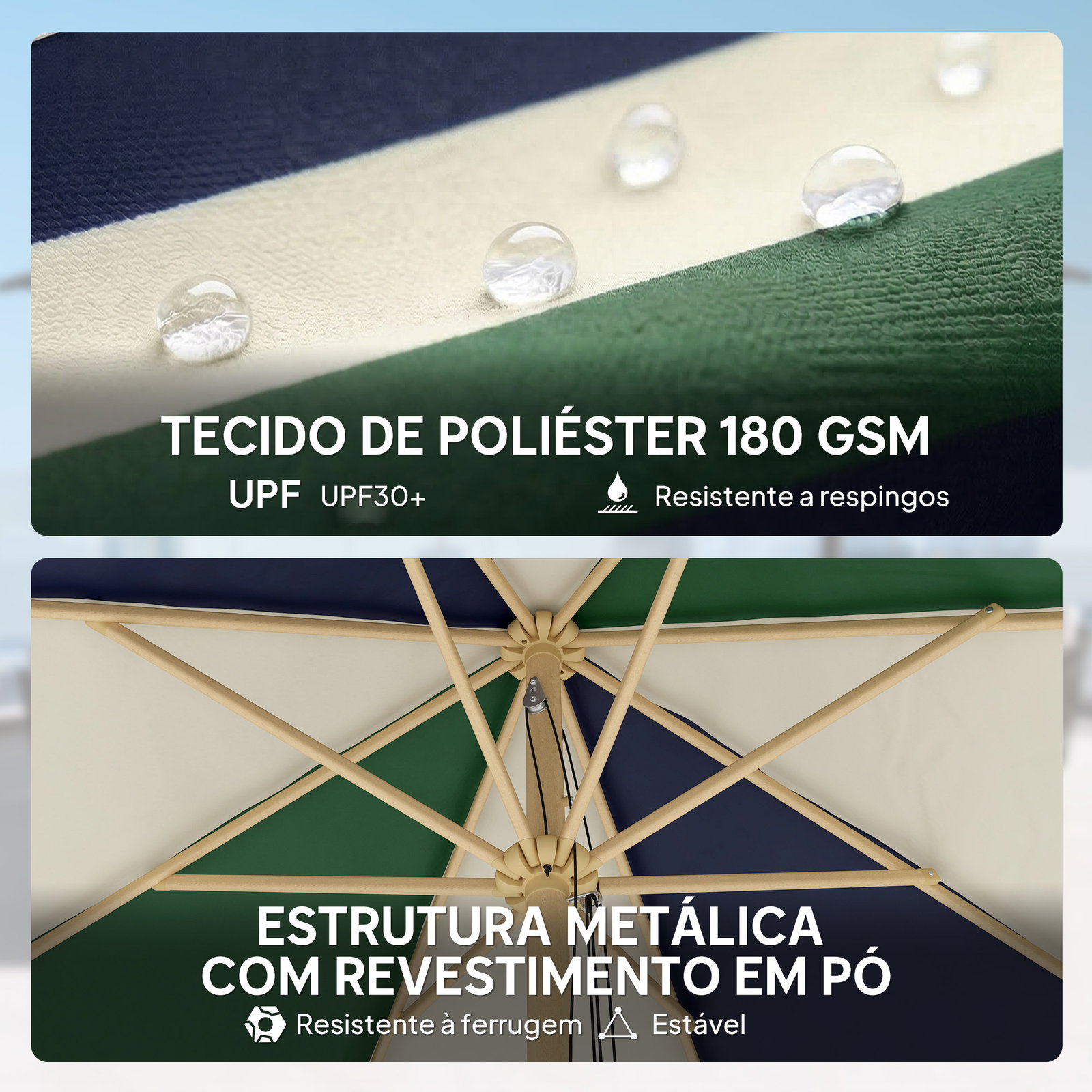 Chapéu de sol para terraço exterior ø2,3 m com estrutura de efeito madeira polia com corda toldo bicolor upf30+ multicor