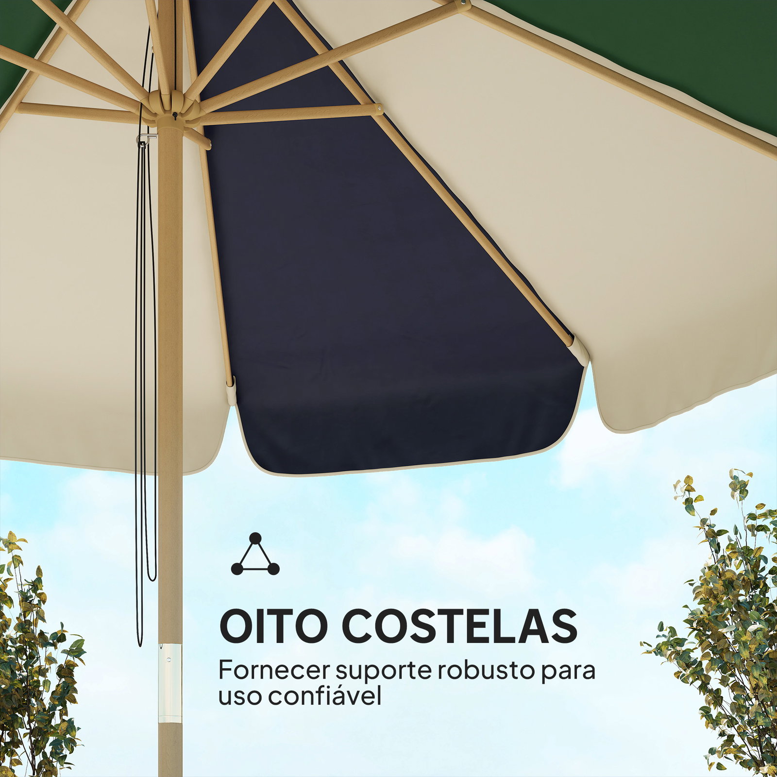 Chapéu de sol para terraço exterior ø2,3 m com estrutura de efeito madeira polia com corda toldo bicolor upf30+ multicor
