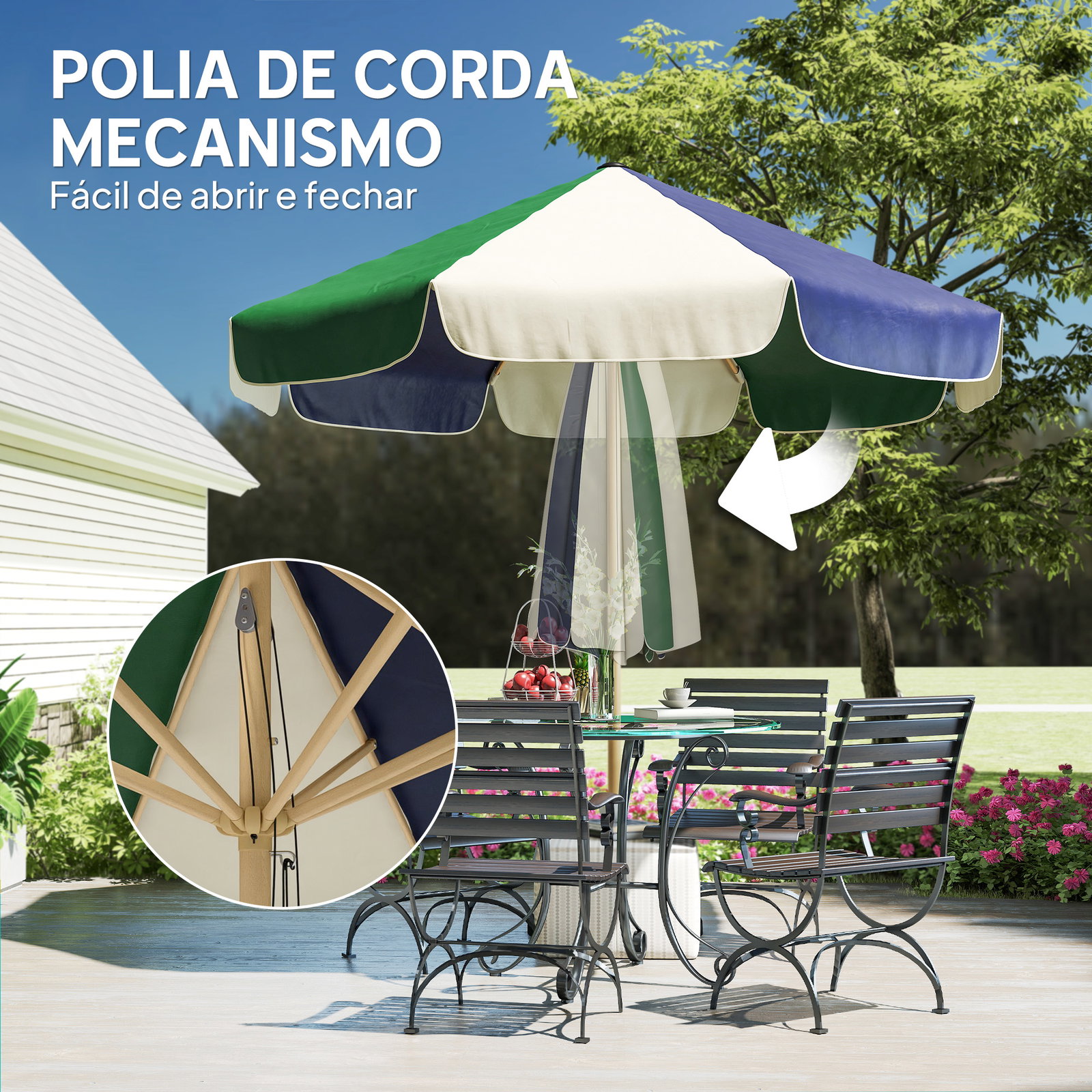 Chapéu de sol para terraço exterior ø2,3 m com estrutura de efeito madeira polia com corda toldo bicolor upf30+ multicor