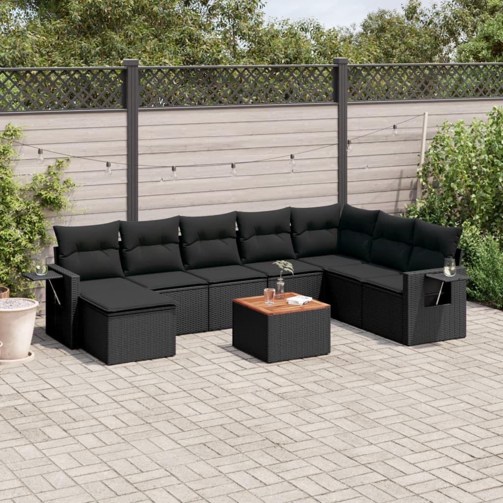 9 Pcs conjunto de sofás p/ jardim c/ almofadões vime PE preto