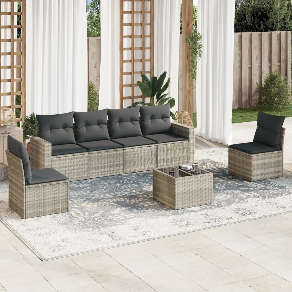 7 Pcs conj. sofás jardim com almofadões vime PE cinzento-claro
