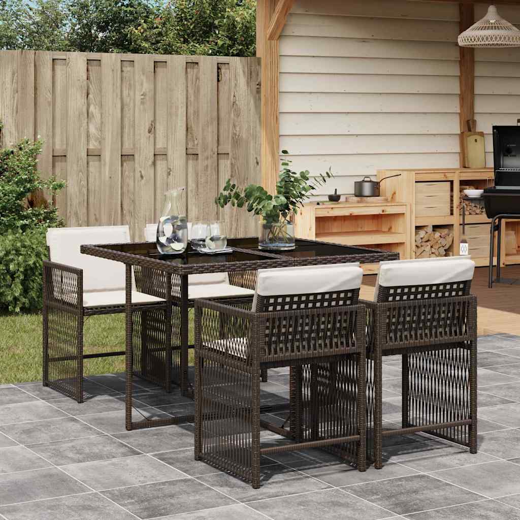 5 Pcs conjunto jantar p/ jardim c/ almofadões vime PE castanho