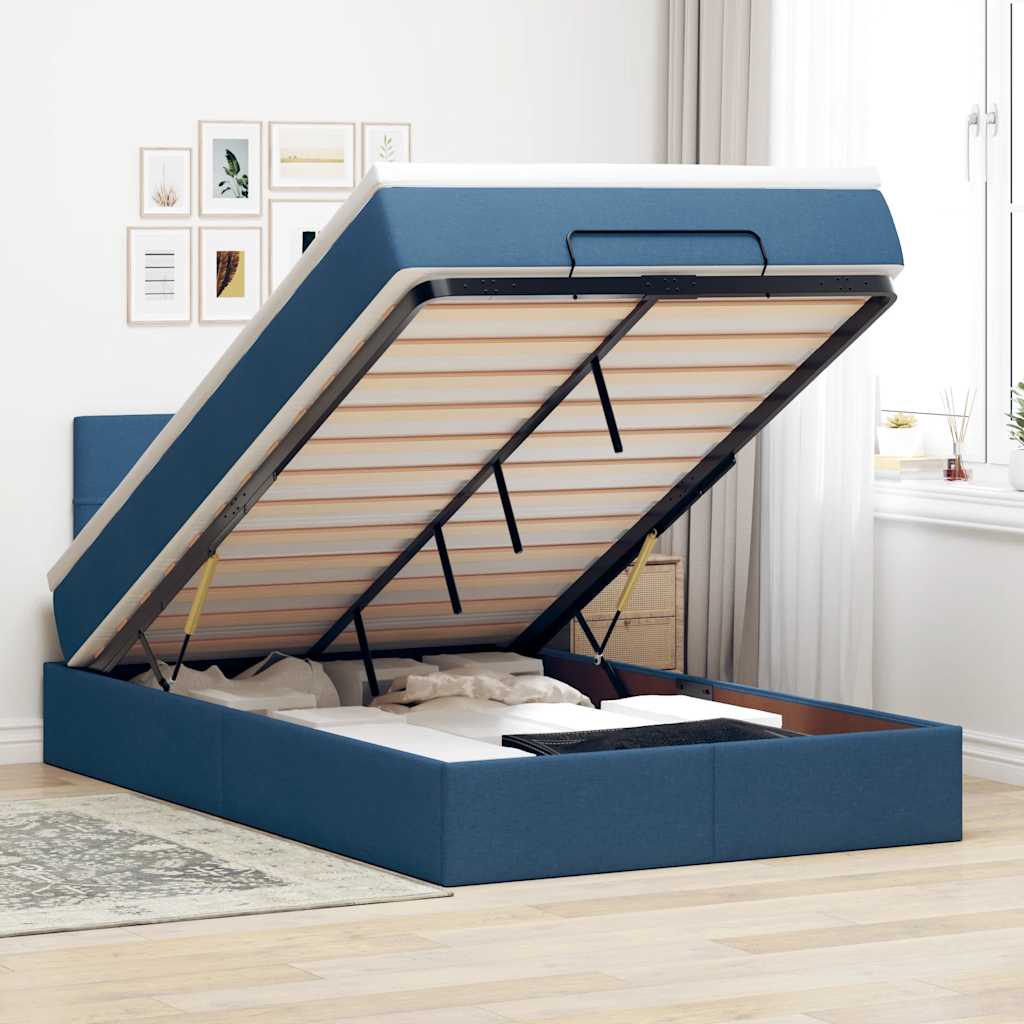Cama otomana com colchão & leds tecido azul 120x200 cm