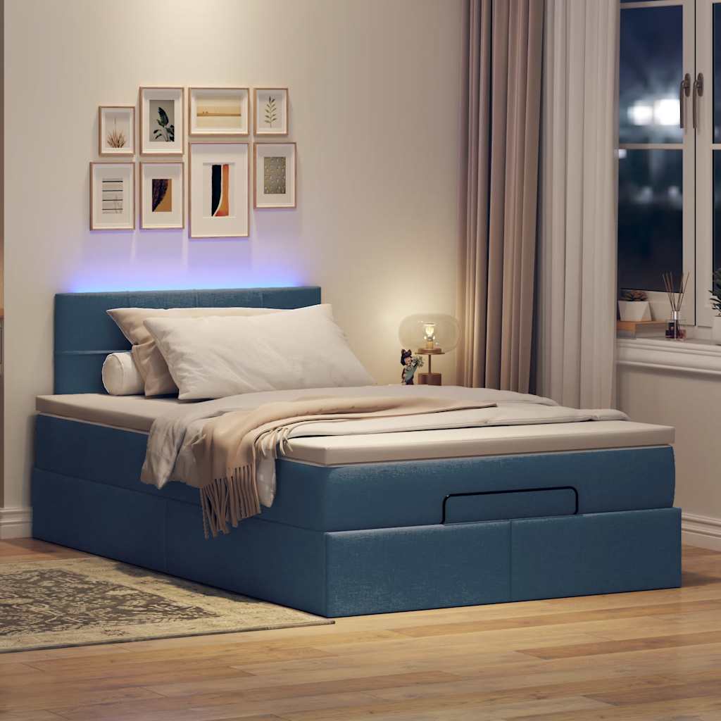 Cama otomana com colchão & leds tecido azul 120x200 cm