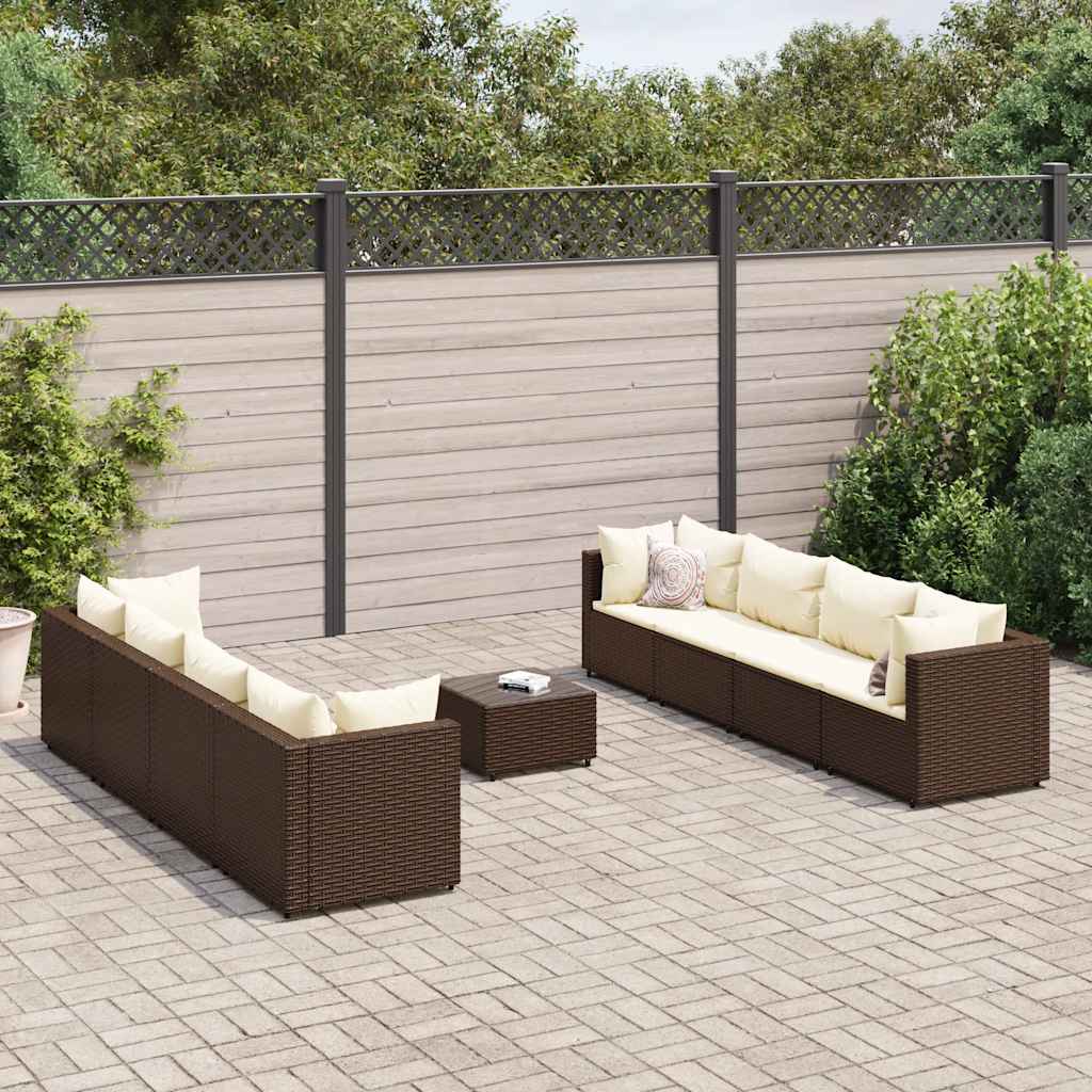 9 Pcs conjunto lounge jardim c/ almofadões vime PE castanho