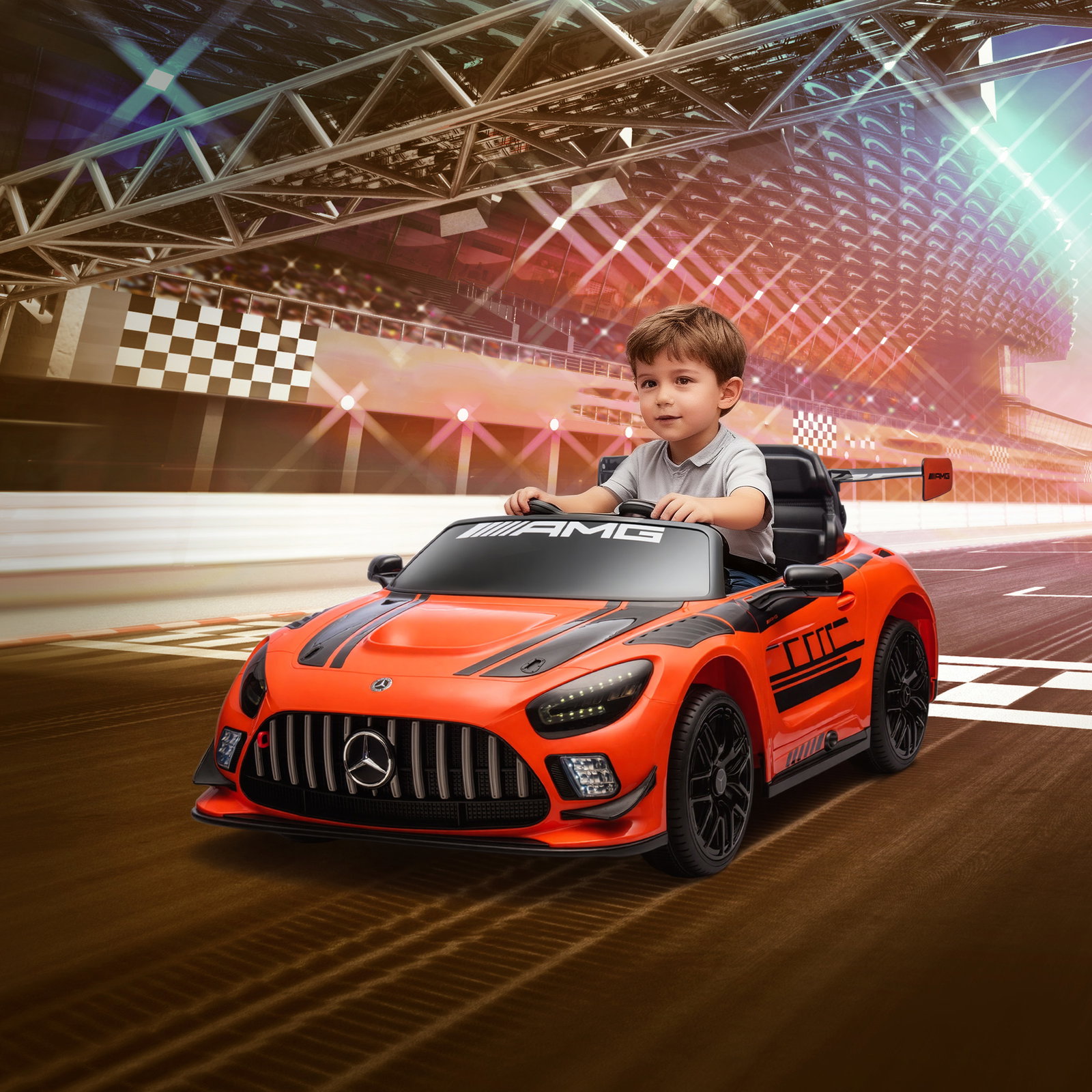 Carro elétrico para crianças mercedes-amg gt3 evo12v com controlo remoto 2,4g e motor duplo 115x66x44 cm laranja