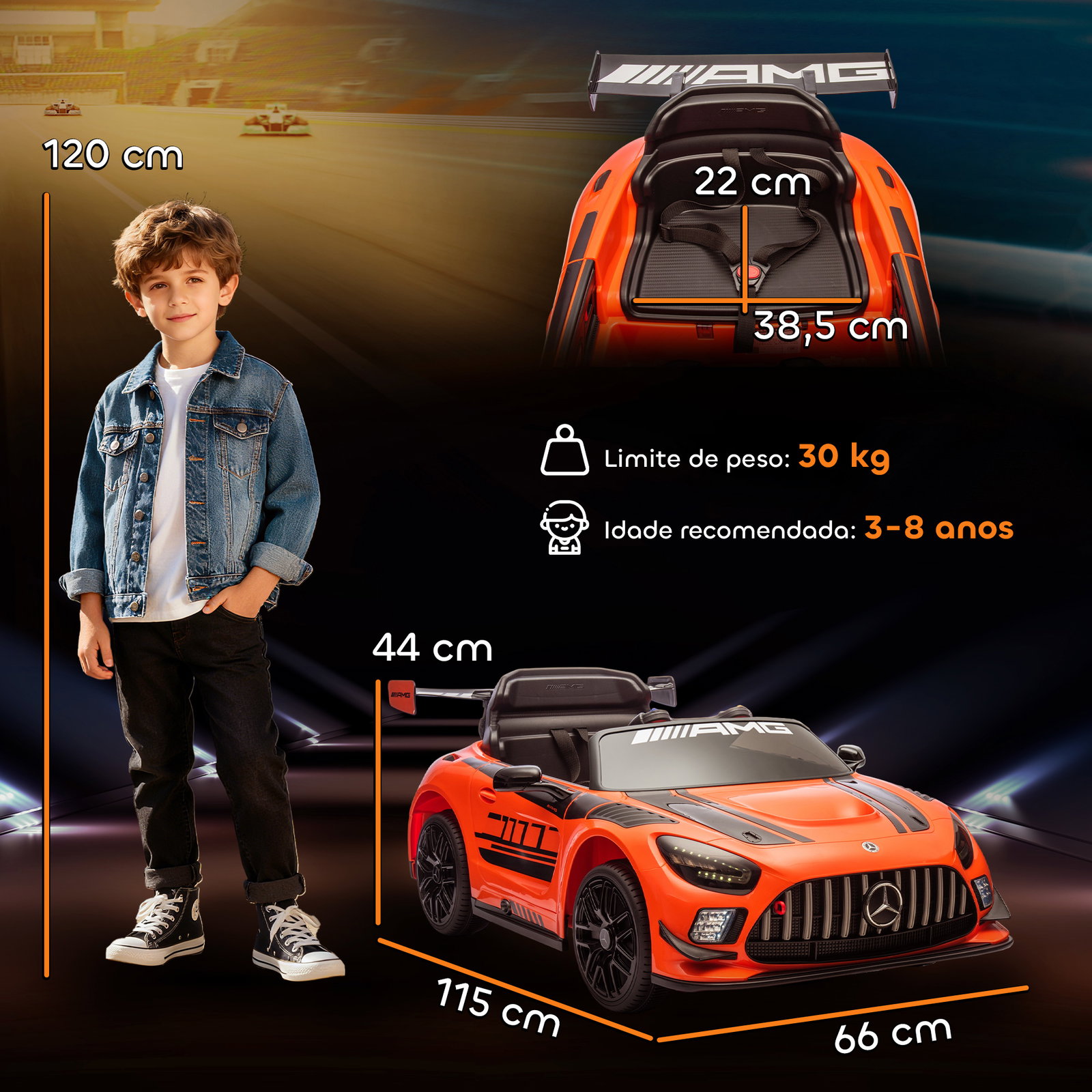 Carro elétrico para crianças mercedes-amg gt3 evo12v com controlo remoto 2,4g e motor duplo 115x66x44 cm laranja