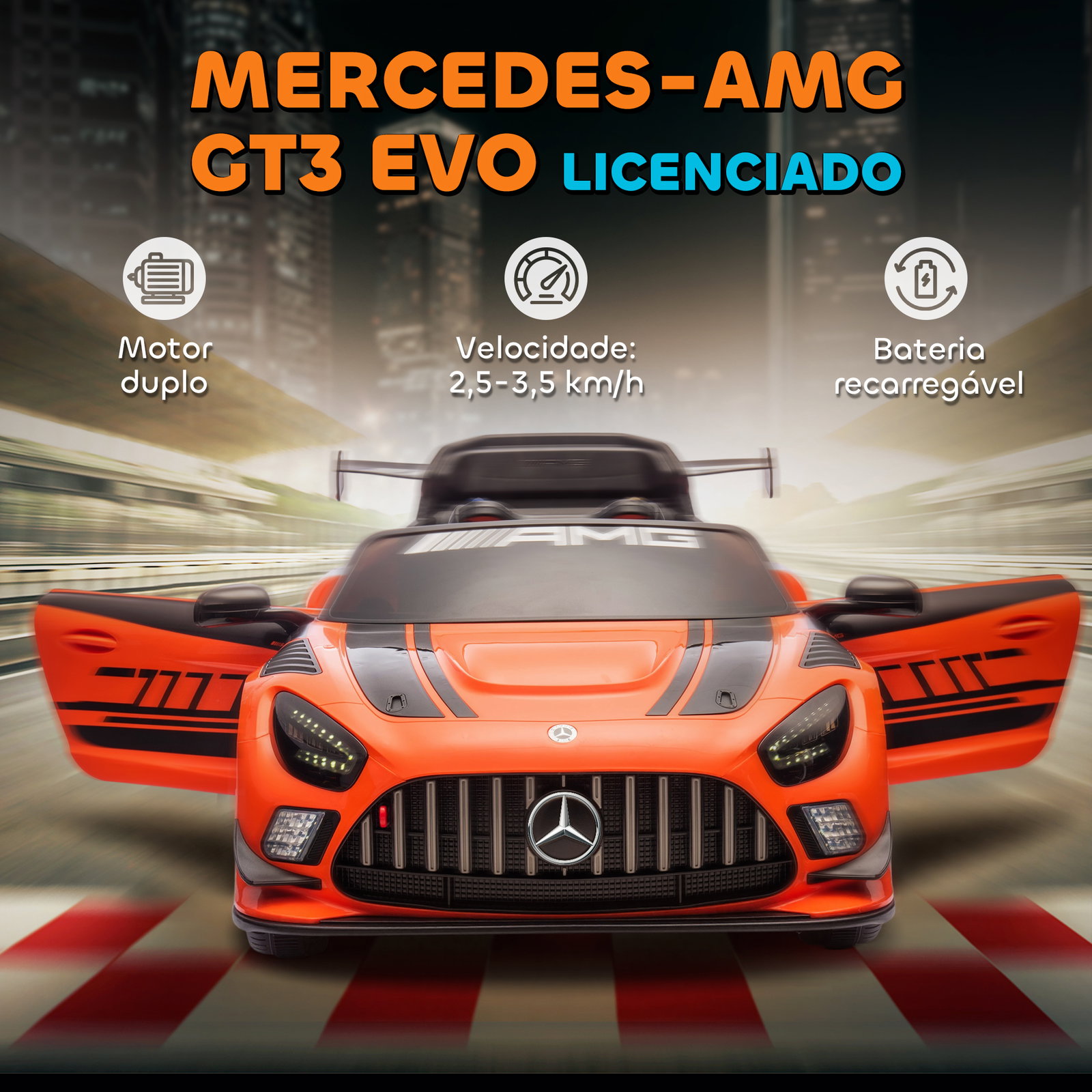Carro elétrico para crianças mercedes-amg gt3 evo12v com controlo remoto 2,4g e motor duplo 115x66x44 cm laranja