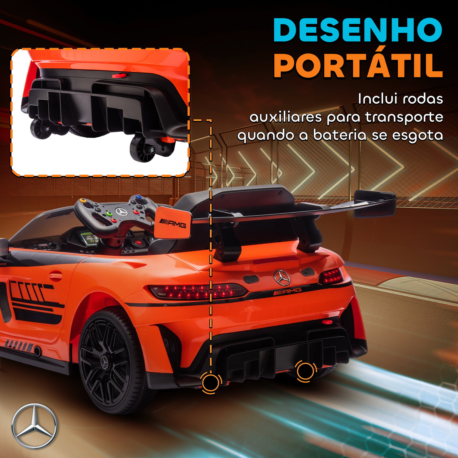 Carro elétrico para crianças mercedes-amg gt3 evo12v com controlo remoto 2,4g e motor duplo 115x66x44 cm laranja