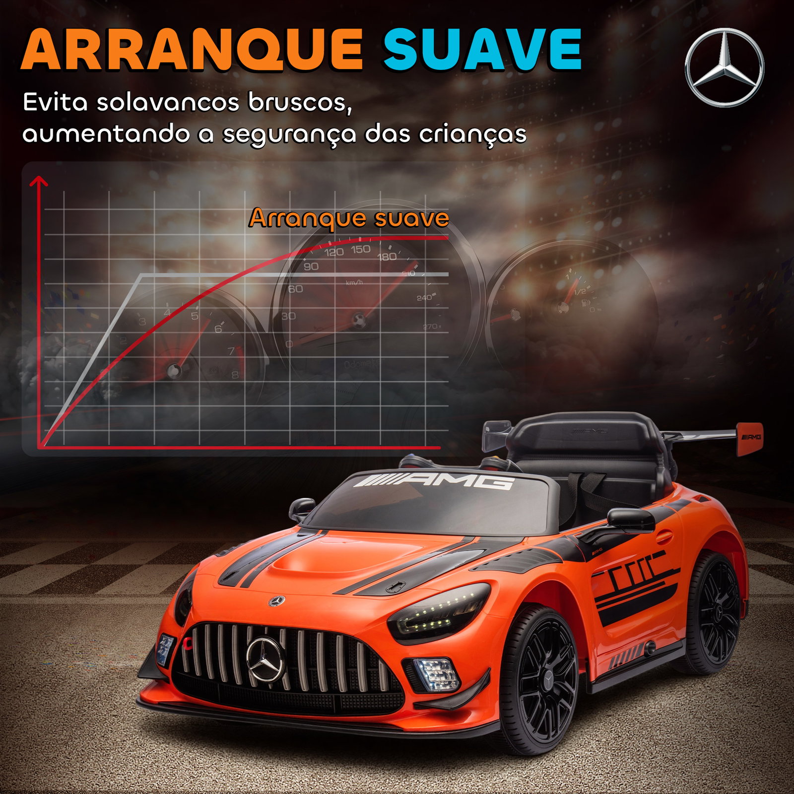 Carro elétrico para crianças mercedes-amg gt3 evo12v com controlo remoto 2,4g e motor duplo 115x66x44 cm laranja