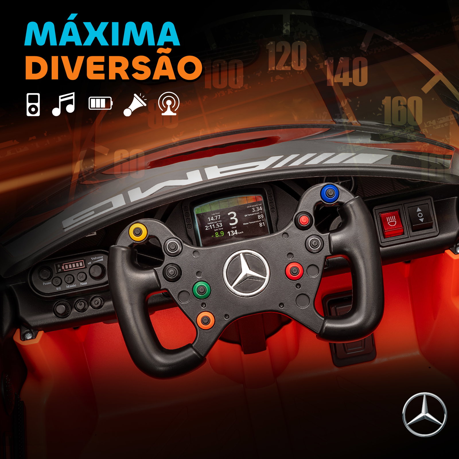 Carro elétrico para crianças mercedes-amg gt3 evo12v com controlo remoto 2,4g e motor duplo 115x66x44 cm laranja