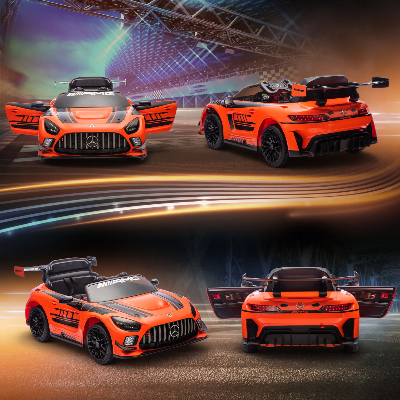Carro elétrico para crianças mercedes-amg gt3 evo12v com controlo remoto 2,4g e motor duplo 115x66x44 cm laranja