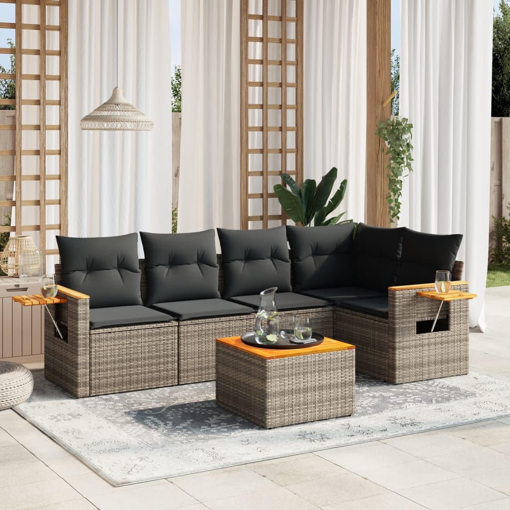 6 Pcs conjunto sofás de jardim com almofadões vime cinzento