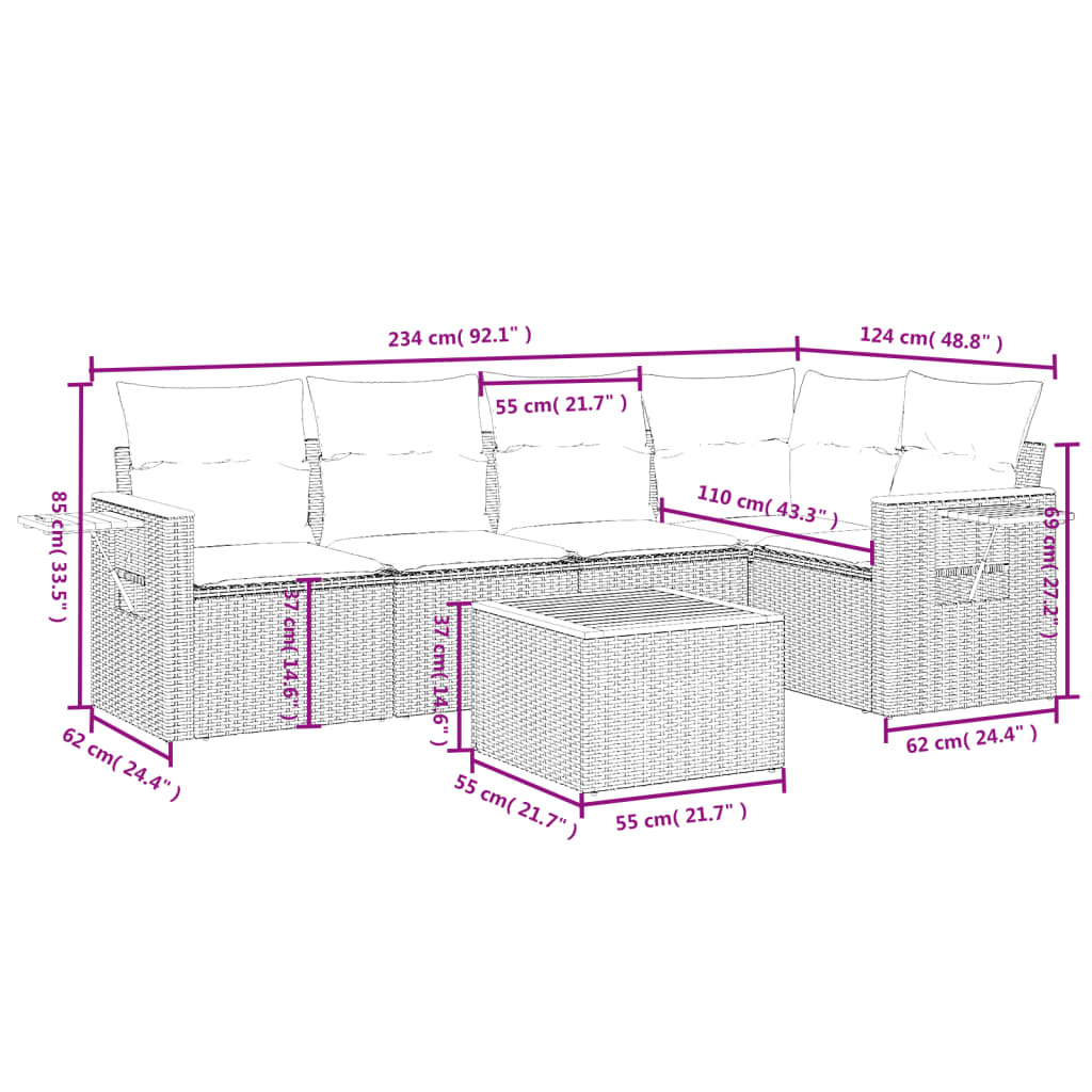 6 Pcs conjunto sofás de jardim com almofadões vime cinzento