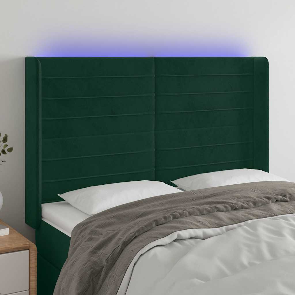 Cabeceira de cama c/ LED veludo 147x16x118/128 cm verde-escuro