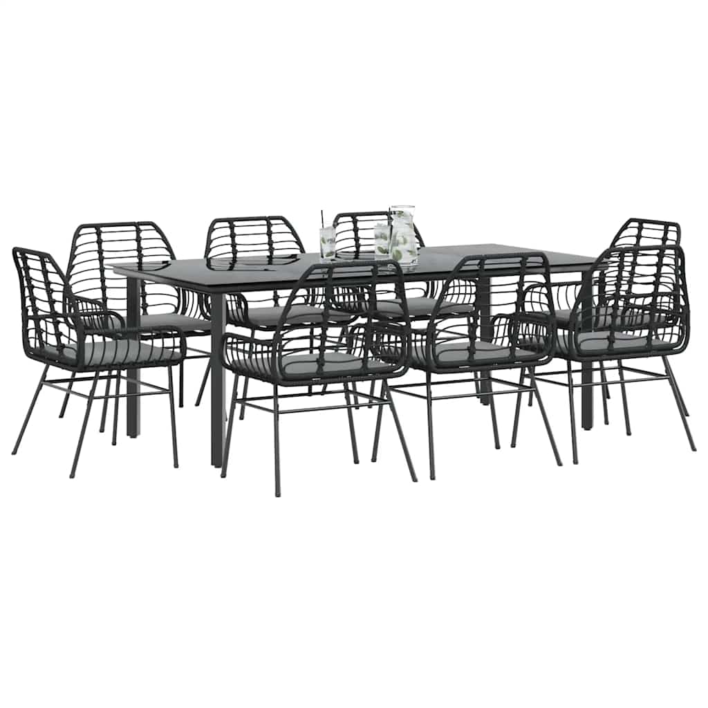 Conjunto de jantar jardim 9 peças almofadas vidro vime PE preto