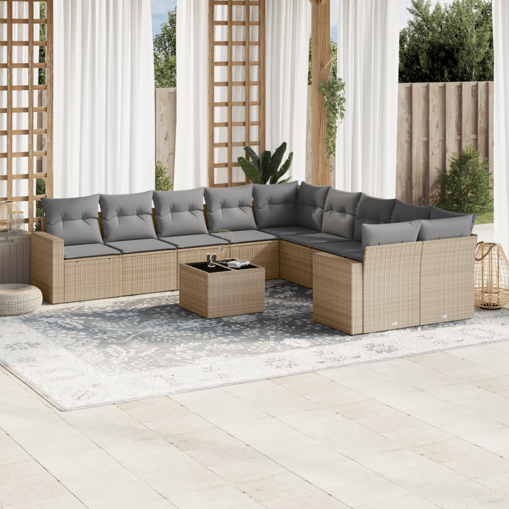 11 Pcs conjunto sofás de jardim c/ almofadões vime PE bege