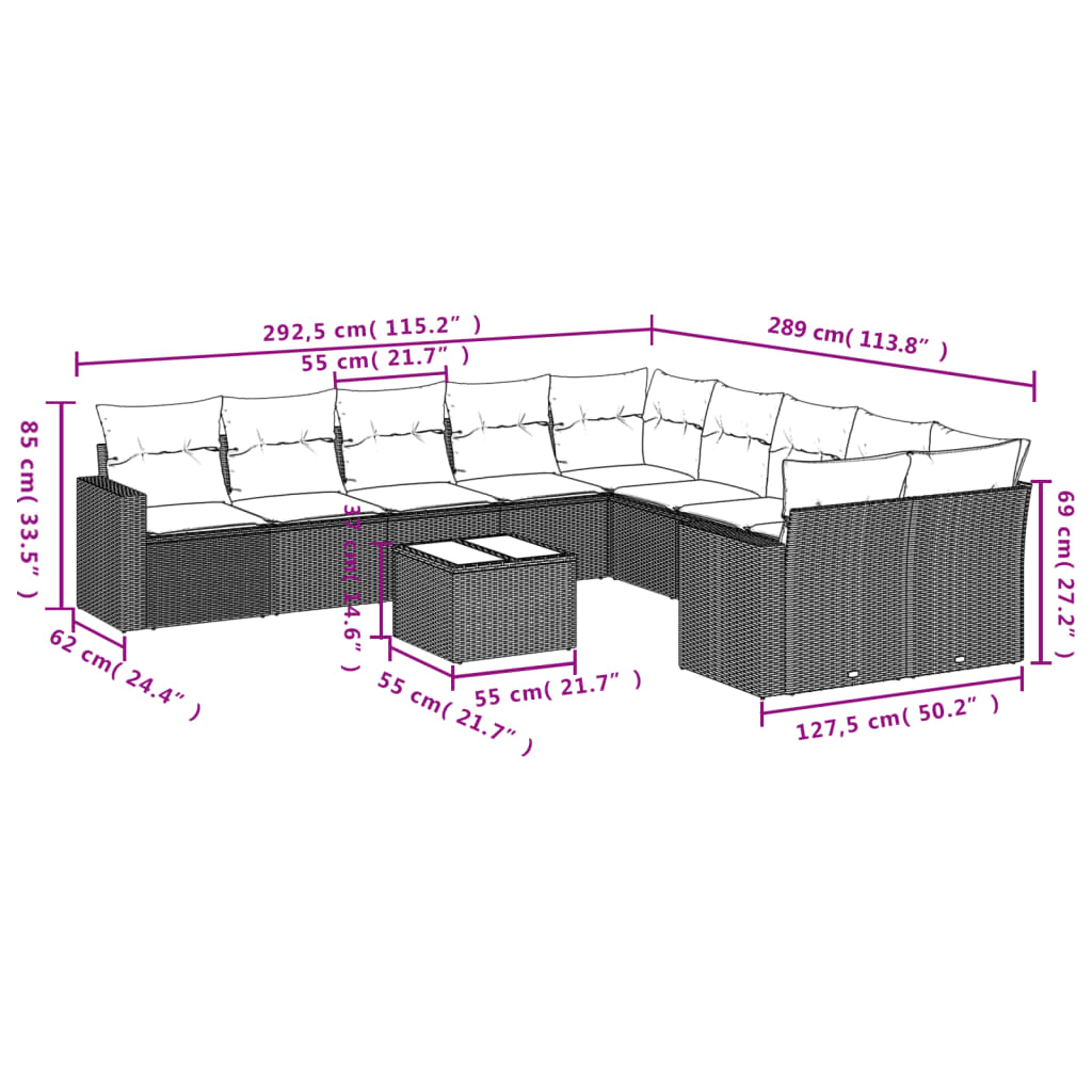 11 Pcs conjunto sofás de jardim c/ almofadões vime PE bege