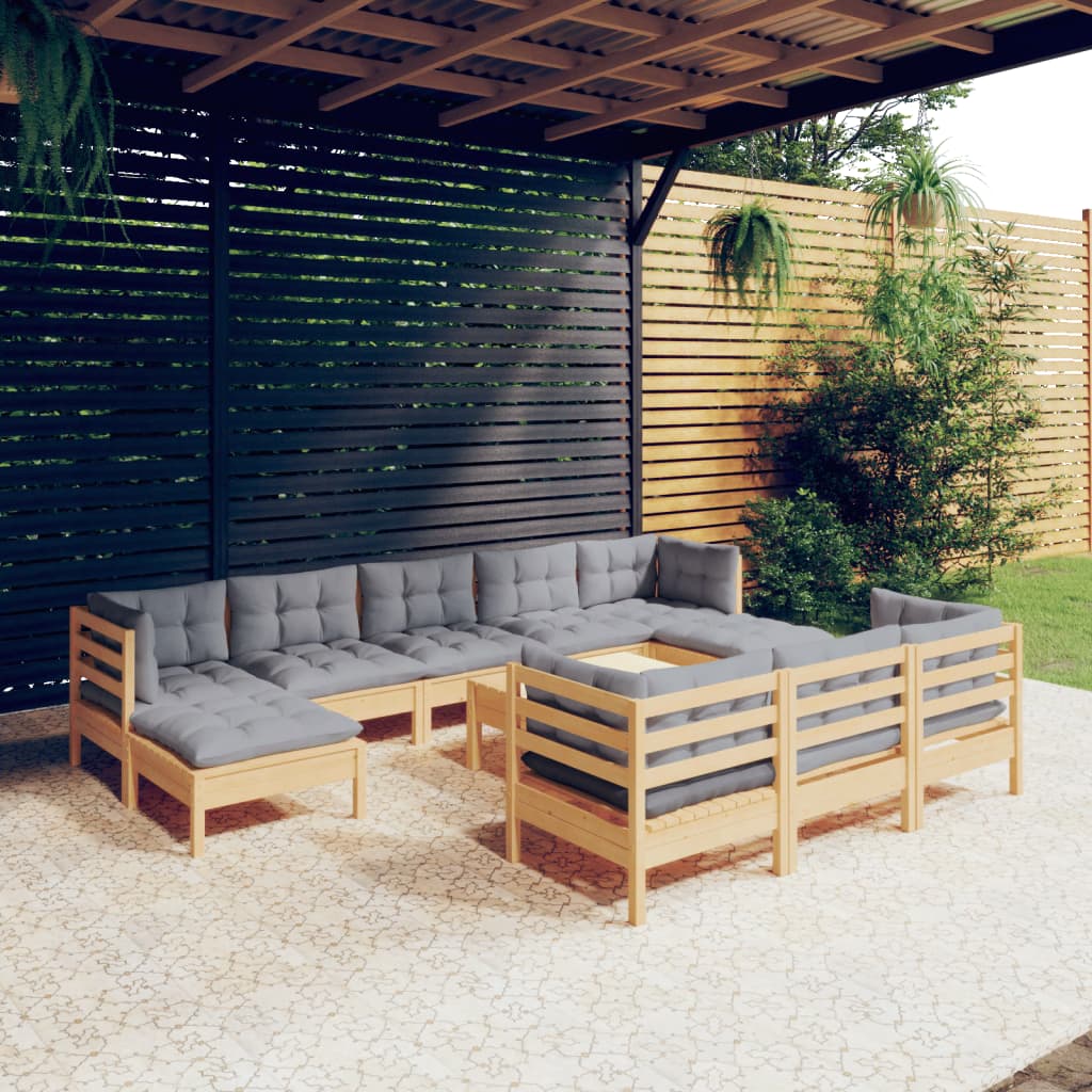 11Pcs conjunto lounge de jardim + almofadões cinza pinho maciço