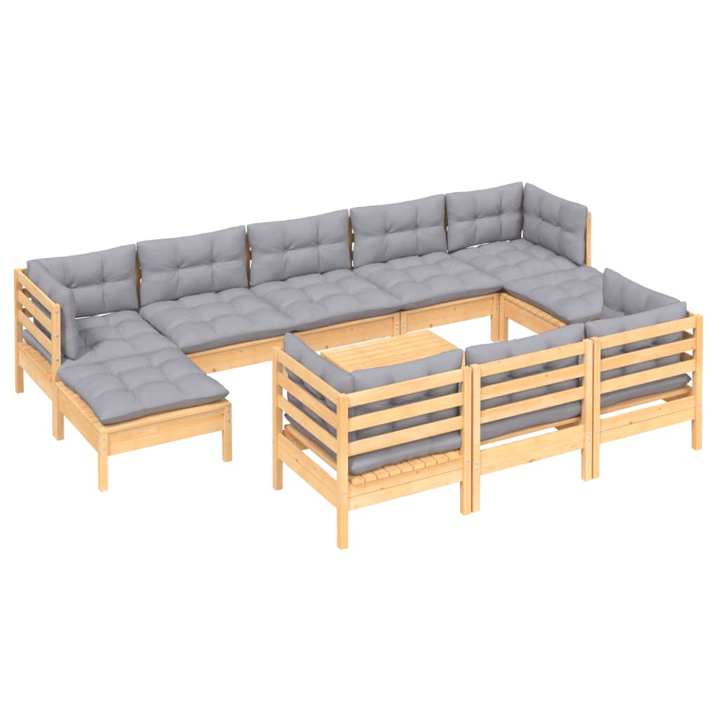 11Pcs conjunto lounge de jardim + almofadões cinza pinho maciço