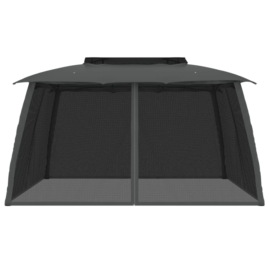 Gazebo c/ teto duplo/paredes de malha 3,93x2,93 m aço antracite