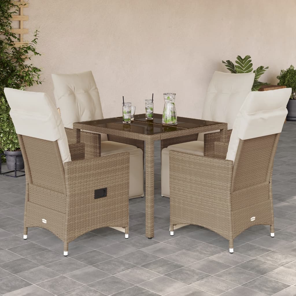 5 Pcs conjunto de bistrô para jardim c/ almofadões vime PE bege