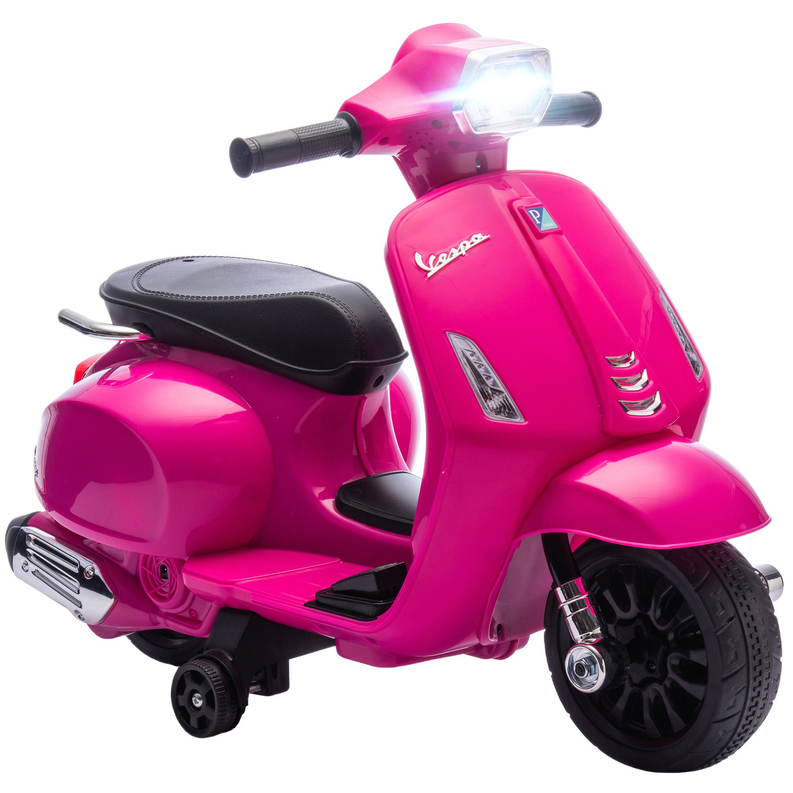 Mota elétrica para crianças 6v com licença vespa rodas auxiliares velocidade de 2,5km/h farol e buzina 71x37x52 cm rosa