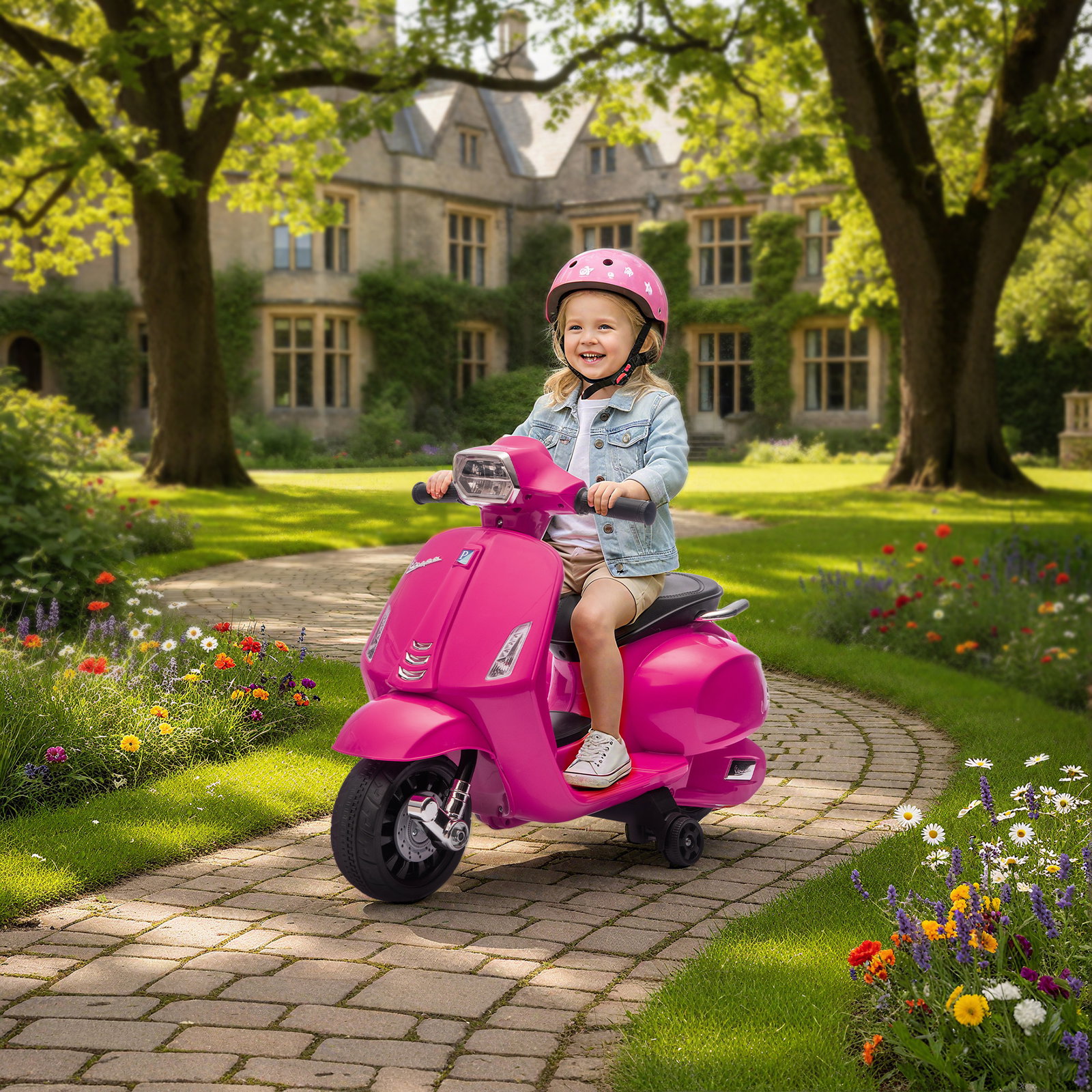 Mota elétrica para crianças 6v com licença vespa rodas auxiliares velocidade de 2,5km/h farol e buzina 71x37x52 cm rosa