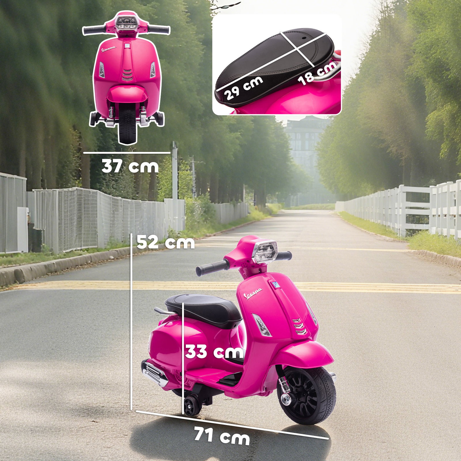 Mota elétrica para crianças 6v com licença vespa rodas auxiliares velocidade de 2,5km/h farol e buzina 71x37x52 cm rosa