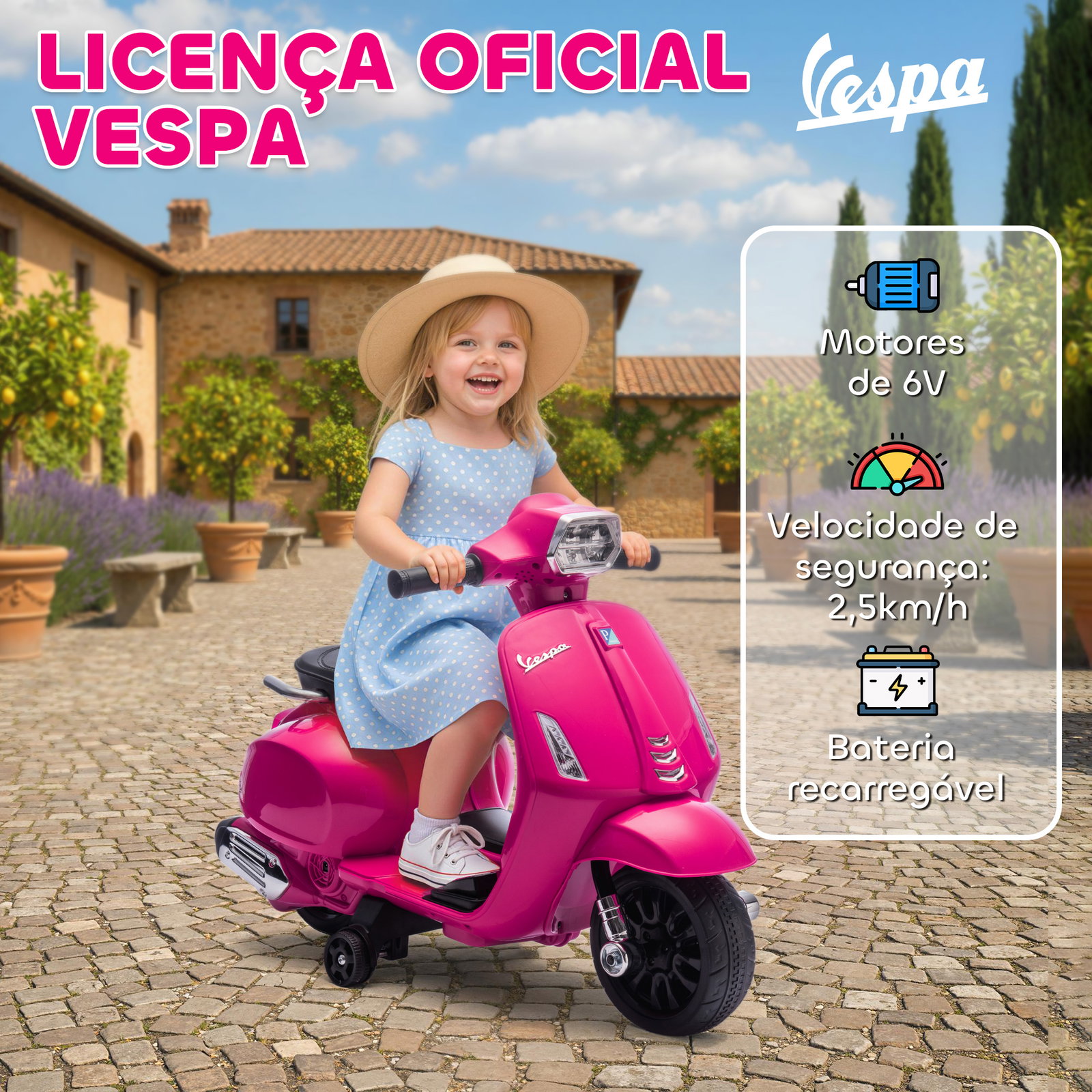 Mota elétrica para crianças 6v com licença vespa rodas auxiliares velocidade de 2,5km/h farol e buzina 71x37x52 cm rosa