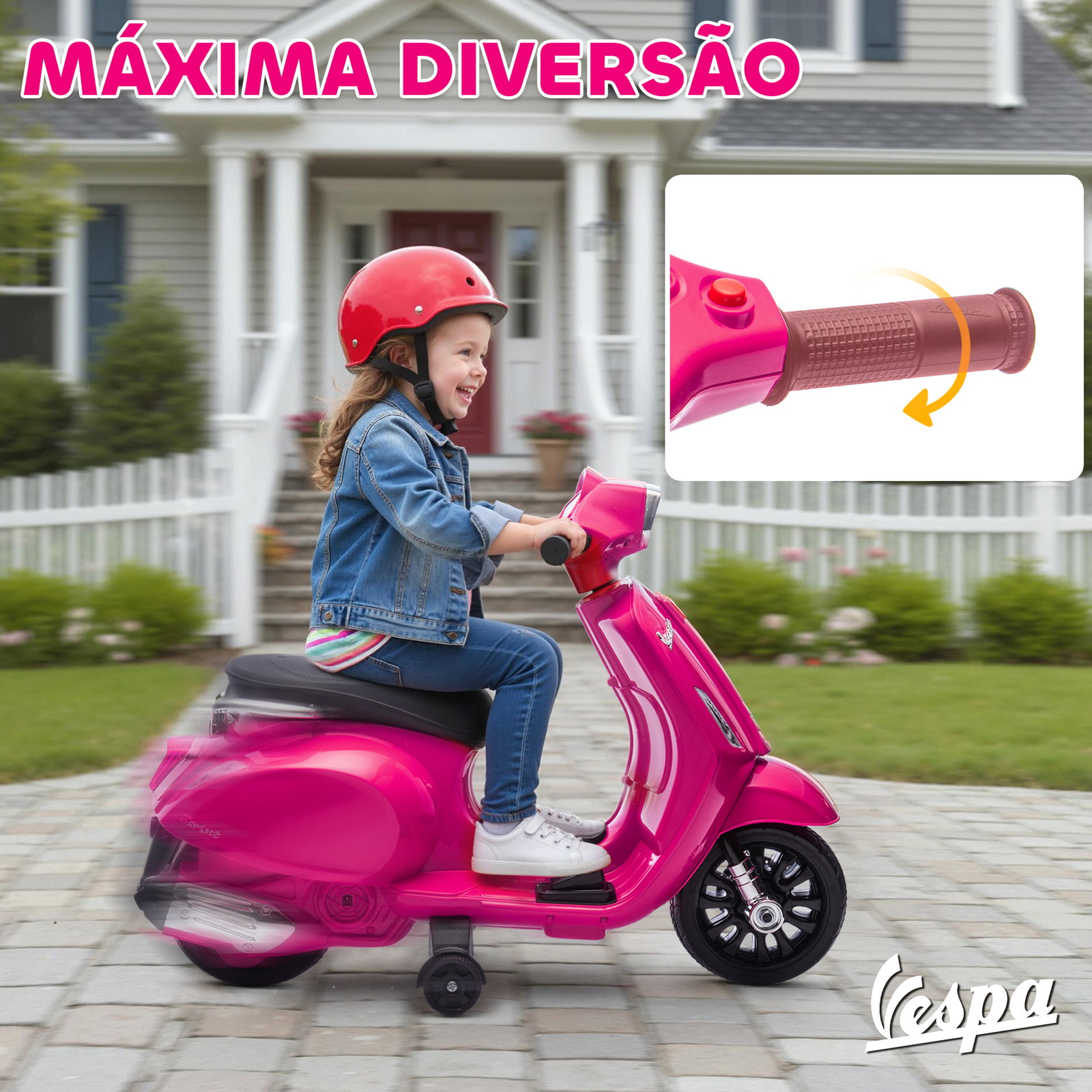 Mota elétrica para crianças 6v com licença vespa rodas auxiliares velocidade de 2,5km/h farol e buzina 71x37x52 cm rosa
