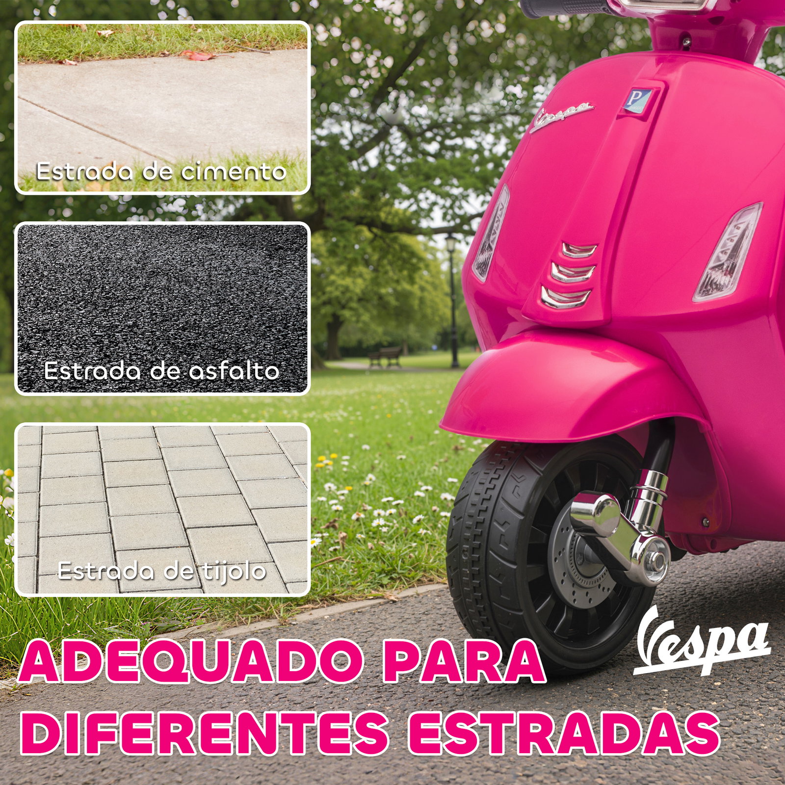 Mota elétrica para crianças 6v com licença vespa rodas auxiliares velocidade de 2,5km/h farol e buzina 71x37x52 cm rosa
